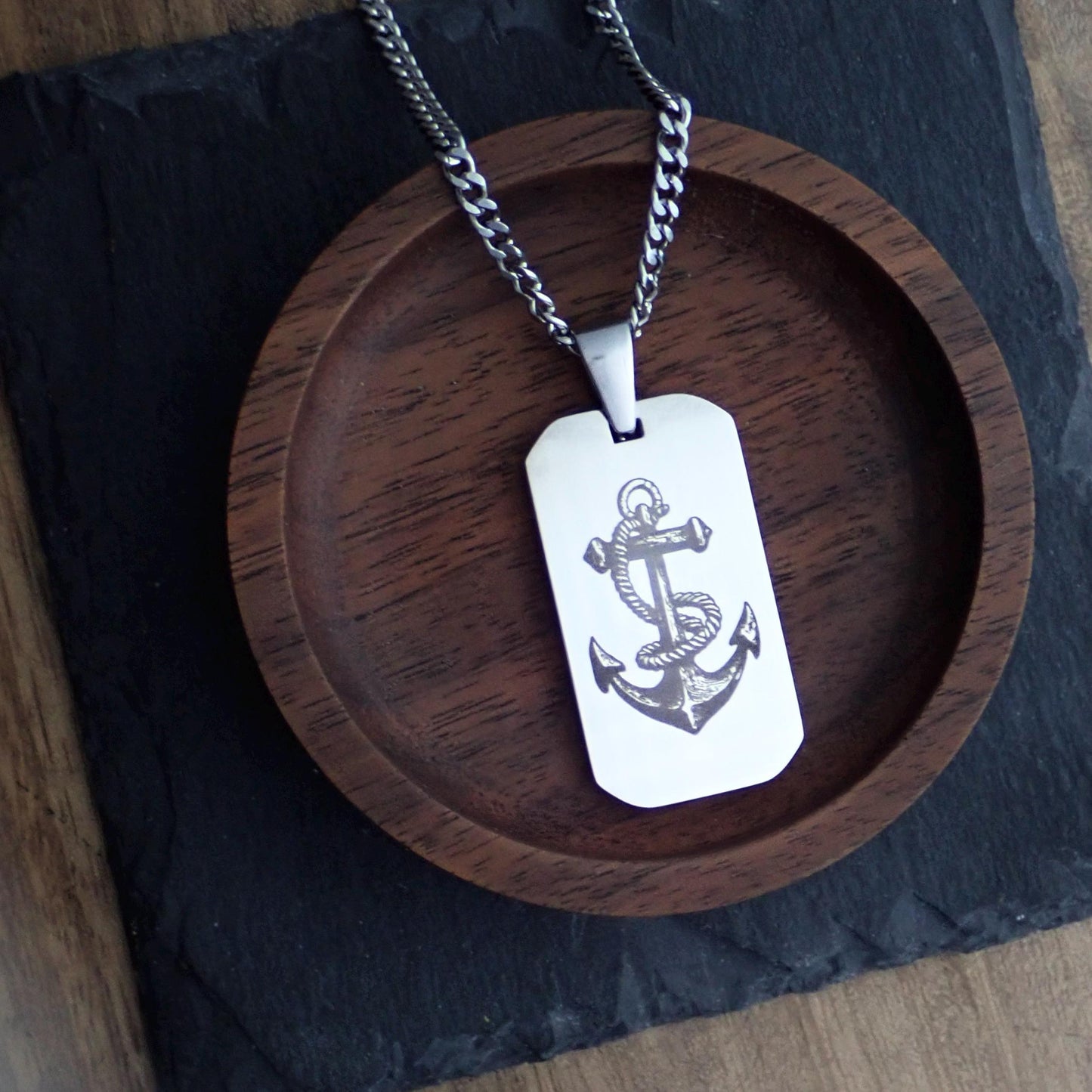 Men’s Silver Stainless Steel Dog Tag Necklace – Anchor Engraved Pendant - Nautical Gift for Men