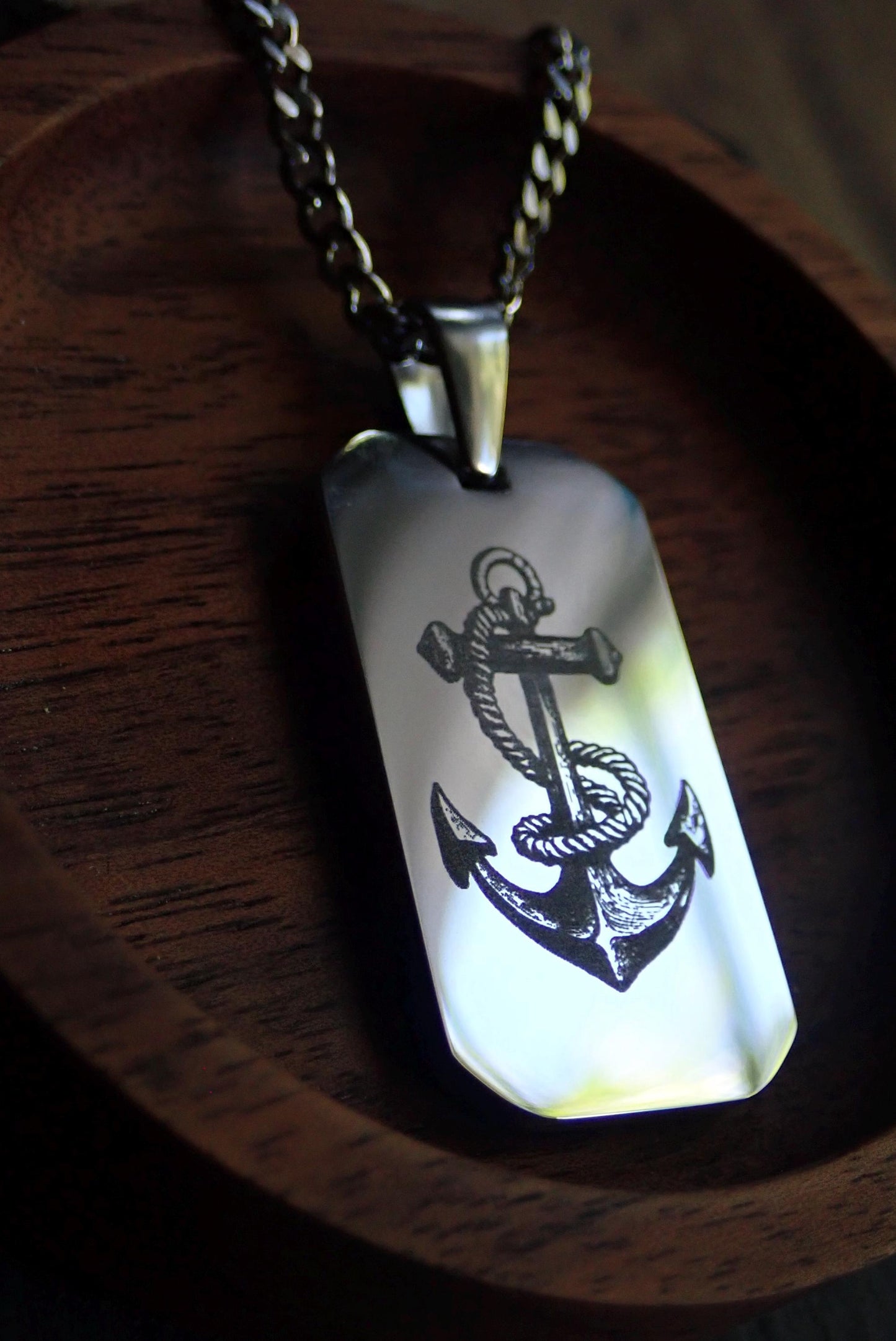 Men’s Silver Stainless Steel Dog Tag Necklace – Anchor Engraved Pendant - Nautical Gift for Men