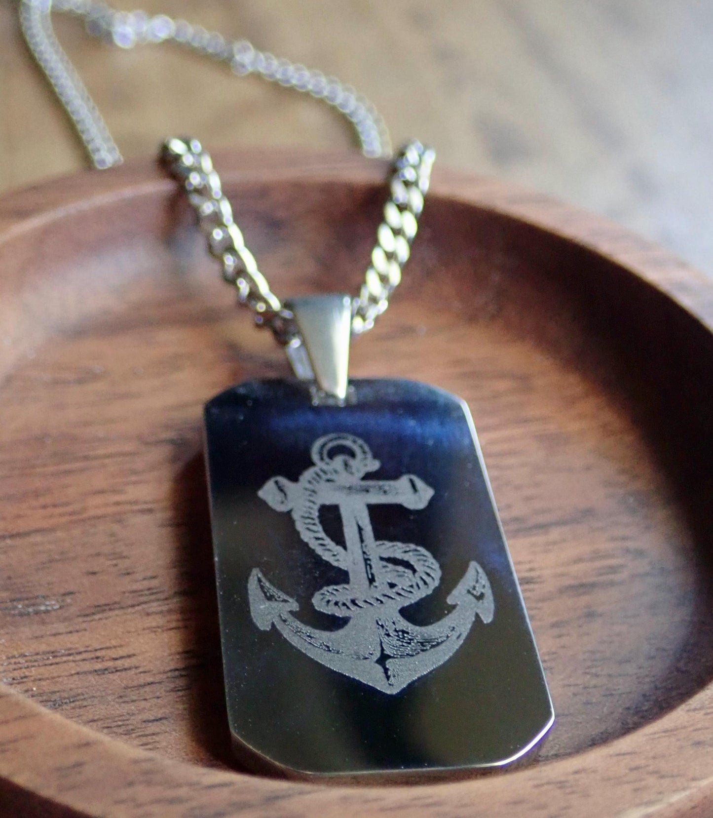 Men’s Silver Stainless Steel Dog Tag Necklace – Anchor Engraved Pendant - Nautical Gift for Men