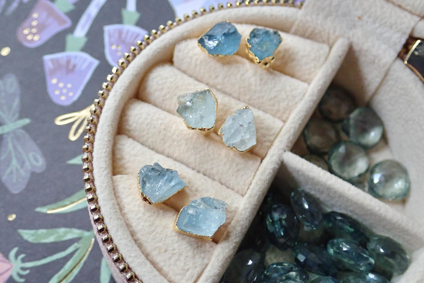 Raw Aquamarine Stud Earrings – 14k Gold Plated over Sterling Silver | March Birthstone