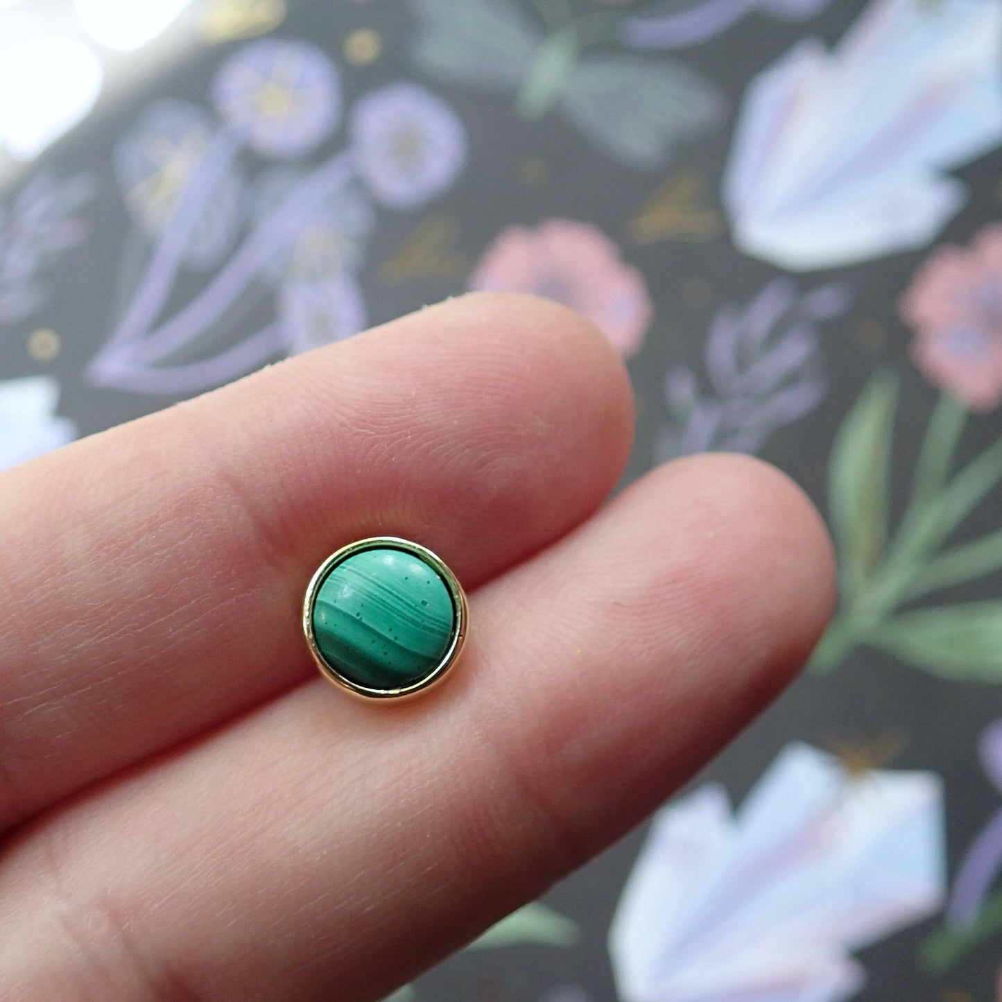 Genuine Malachite Stud Earrings – Fancy 14k Gold Bezel, Minimalist Gemstone Jewelry