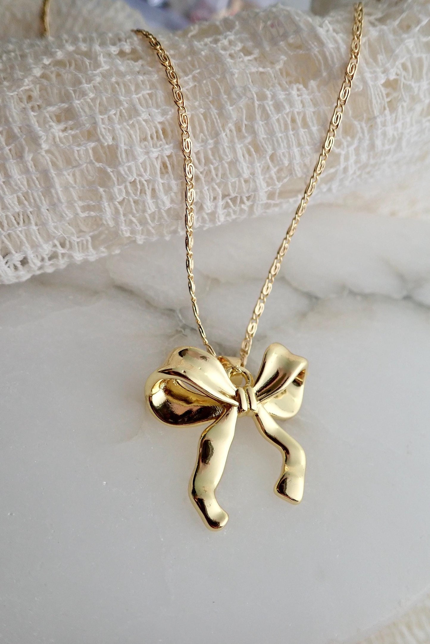 Gold Ribbon Bow Necklace – Medium 18k Gold Fill Pendant on Matching Chain, Feminine Everyday Jewelry