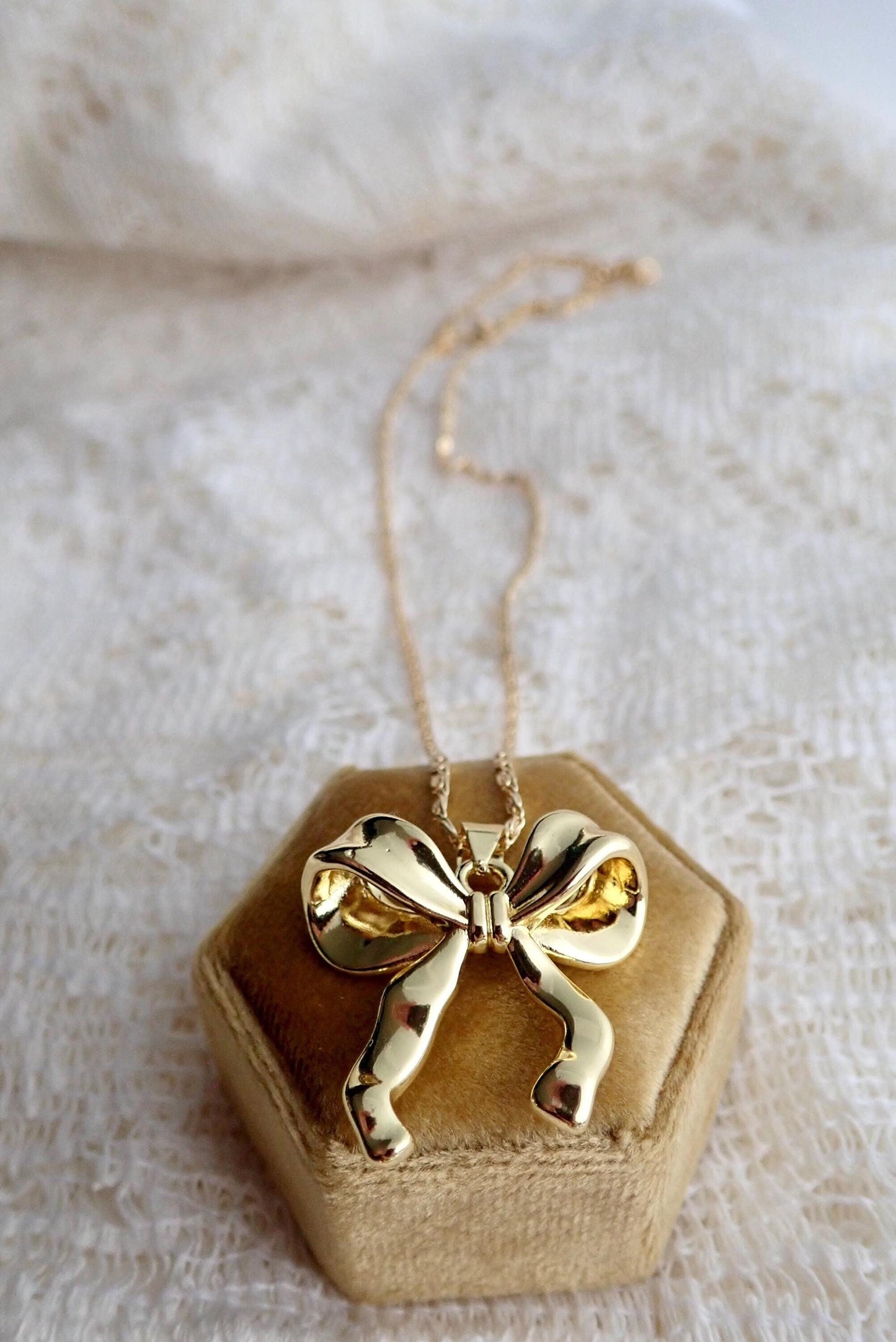 Gold Ribbon Bow Necklace – Medium 18k Gold Fill Pendant on Matching Chain, Feminine Everyday Jewelry