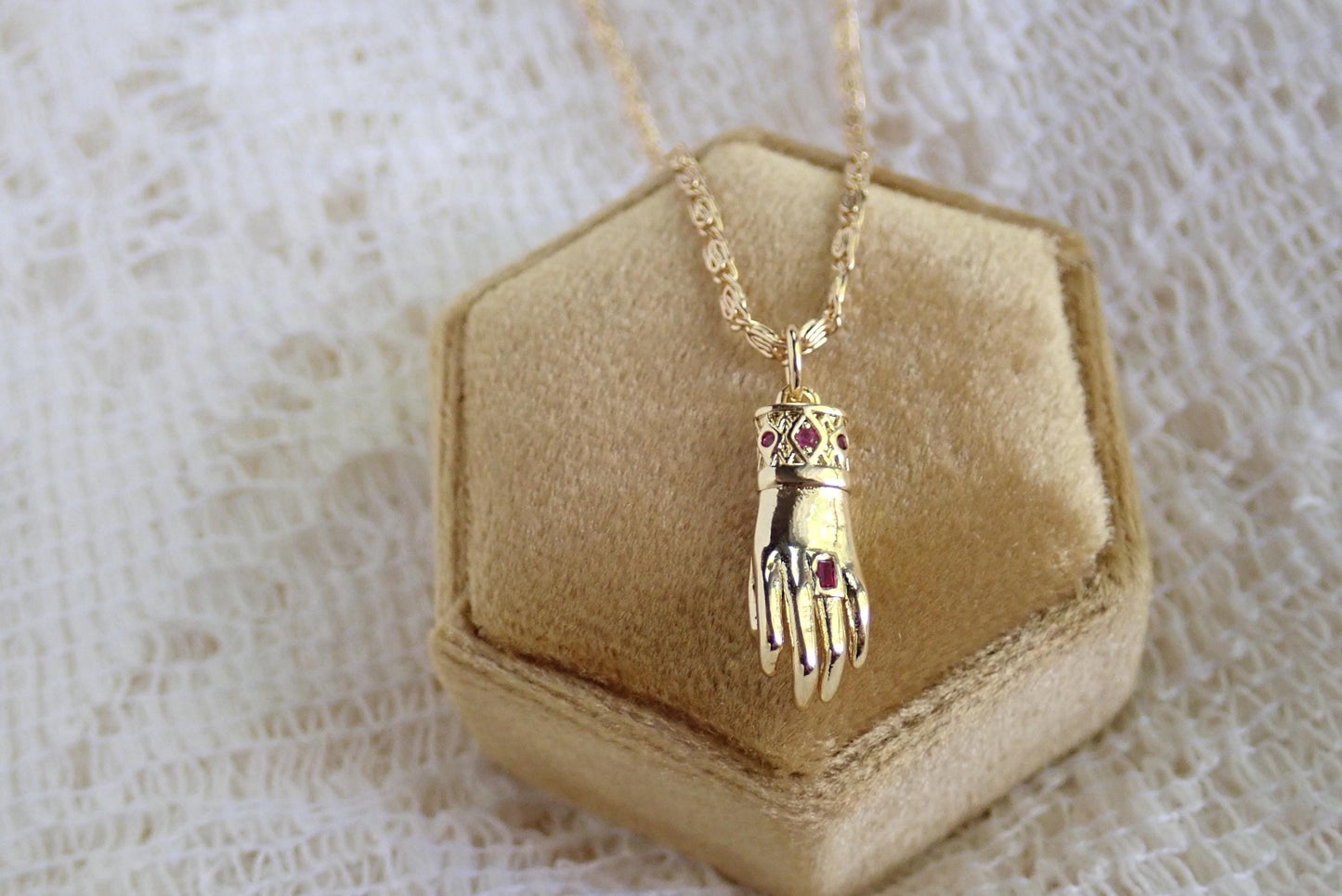 Victorian Hand Pendant Necklace • 14K Gold Filled Mano Figa Style with Garnet CZ Accents • Gothic Talisman Jewelry • Antique-Inspired Necklace