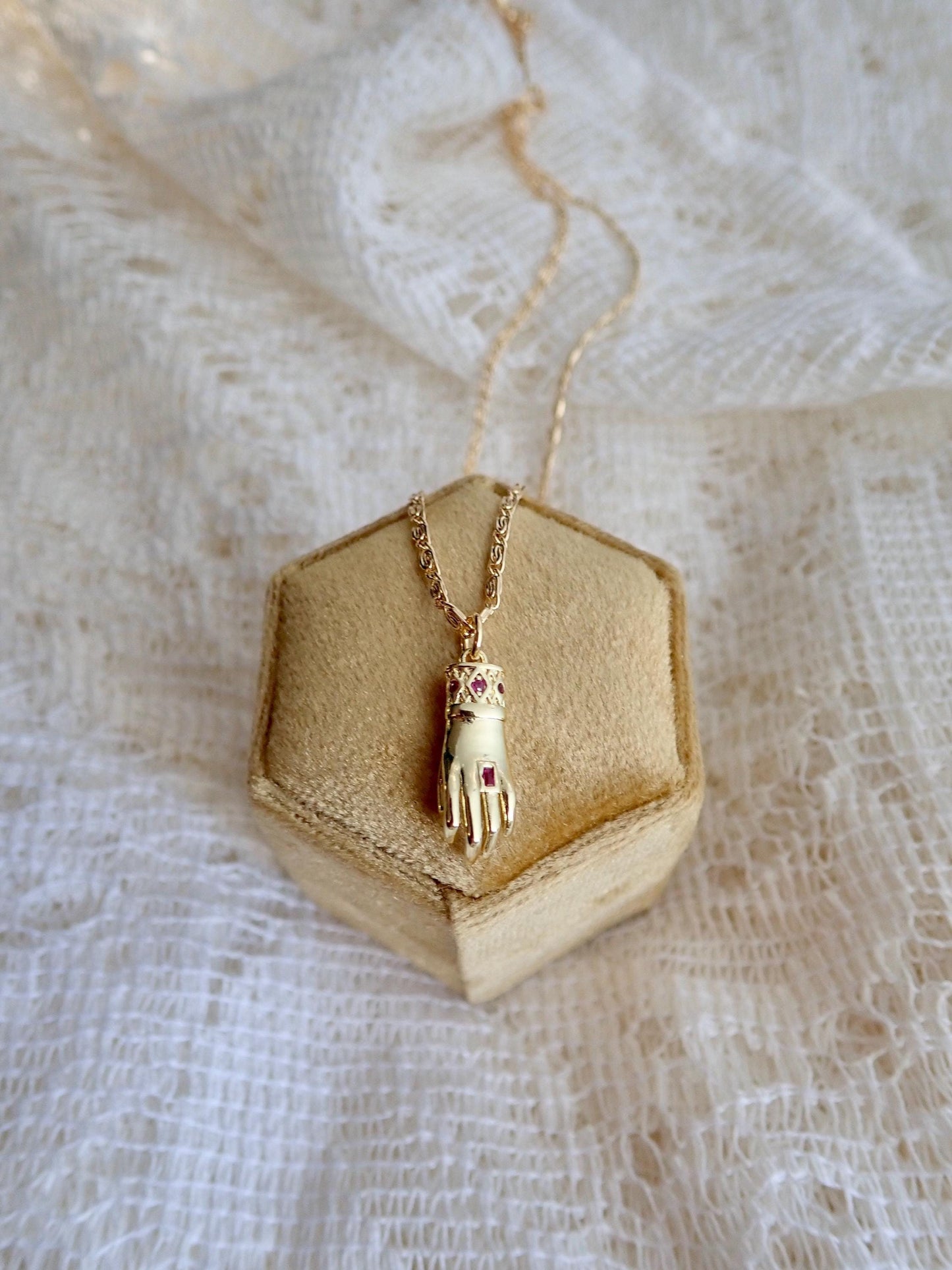 Victorian Hand Pendant Necklace • 14K Gold Filled Mano Figa Style with Garnet CZ Accents • Gothic Talisman Jewelry • Antique-Inspired Necklace