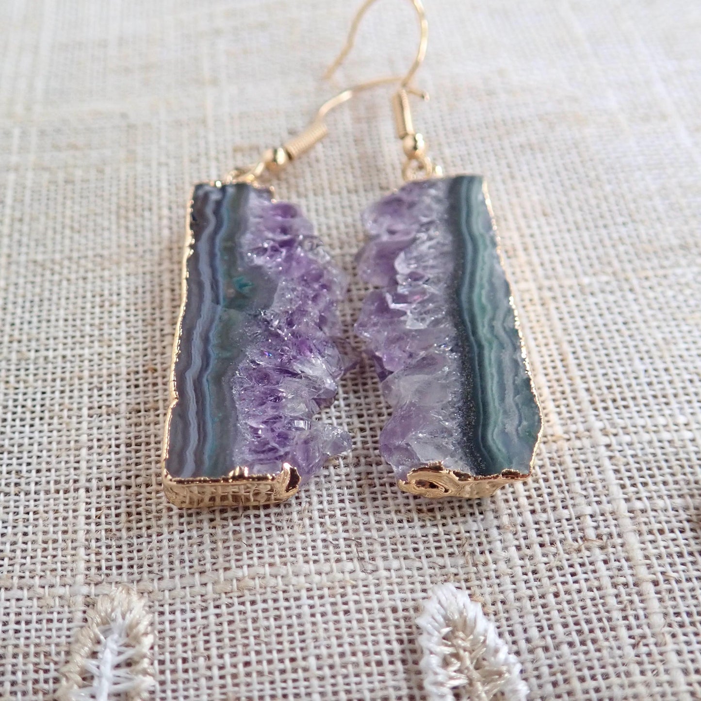 Raw Amethyst Druzy Slice Dangle Earrings | 14K Gold Edged | Natural Crystal Jewelry