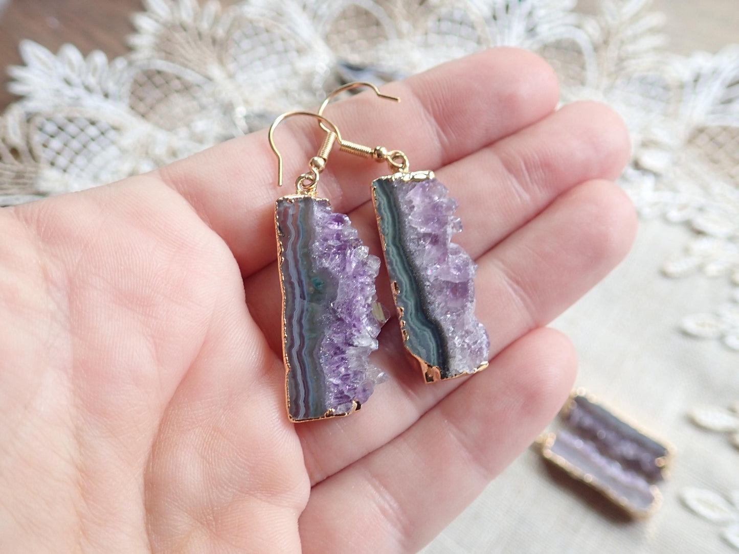 Raw Amethyst Druzy Slice Dangle Earrings | 14K Gold Edged | Natural Crystal Jewelry
