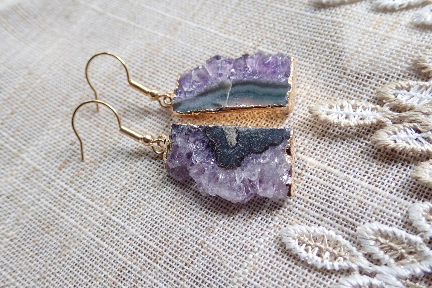 Raw Amethyst Druzy Slice Dangle Earrings | 14K Gold Edged | Natural Crystal Jewelry