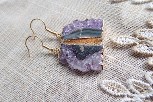 Raw Amethyst Druzy Slice Dangle Earrings | 14K Gold Edged | Natural Crystal Jewelry
