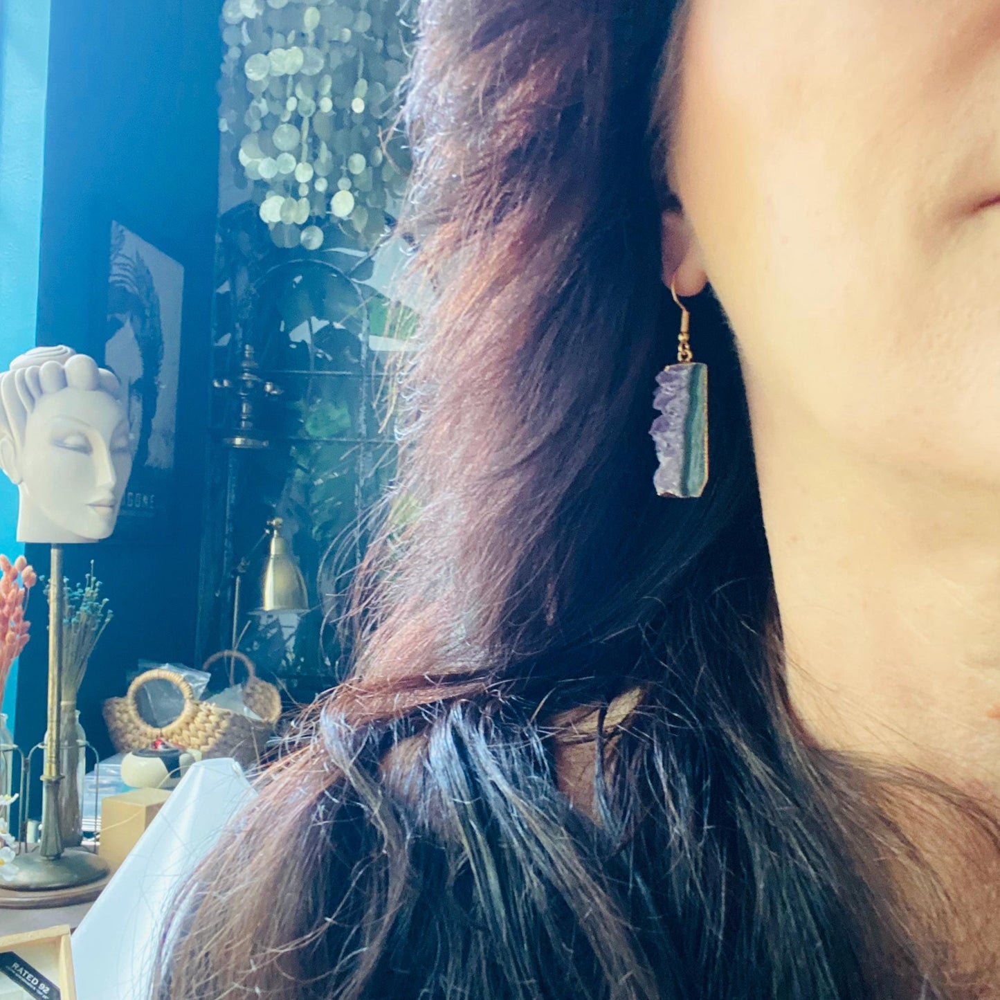 Raw Amethyst Druzy Slice Dangle Earrings | 14K Gold Edged | Natural Crystal Jewelry