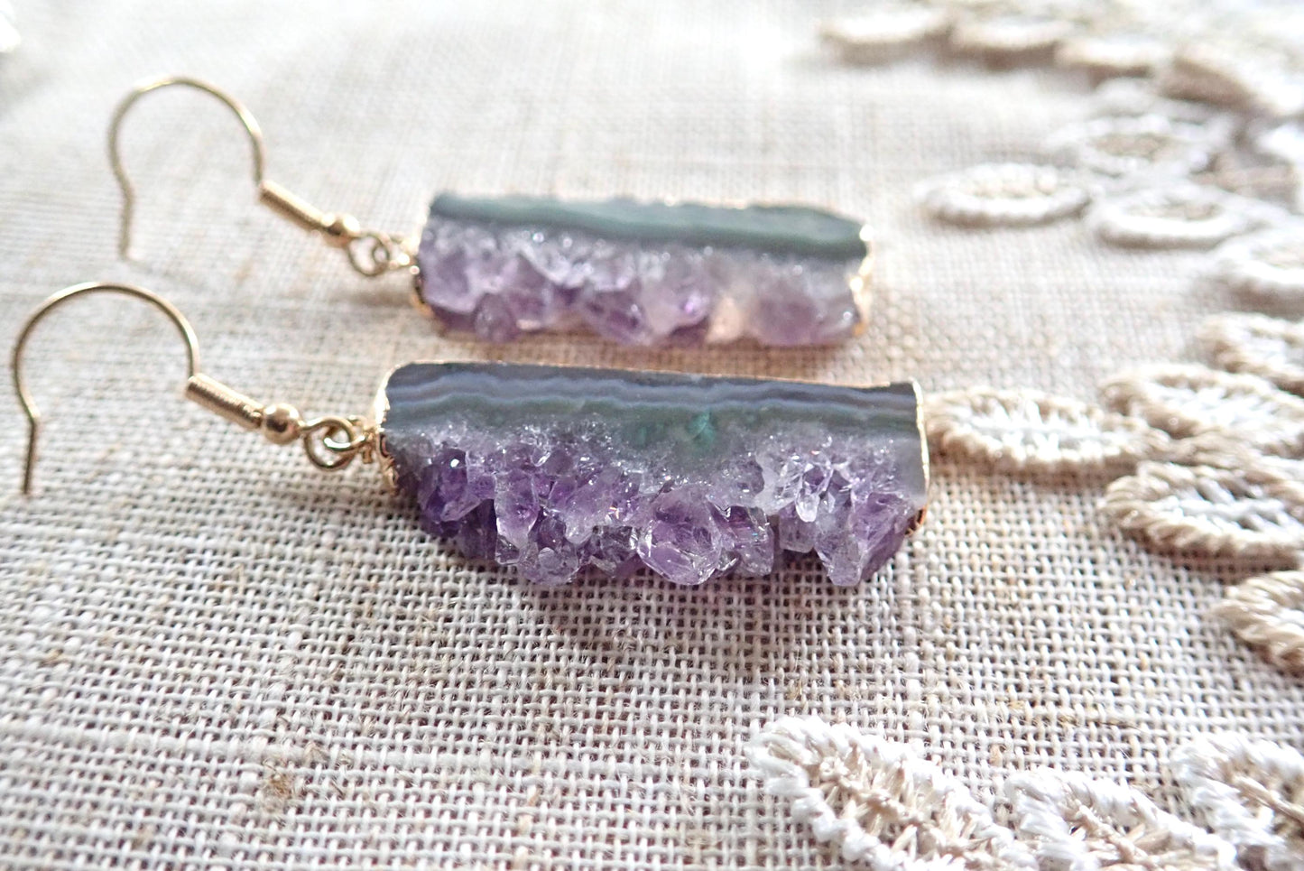 Raw Amethyst Druzy Slice Dangle Earrings | 14K Gold Edged | Natural Crystal Jewelry