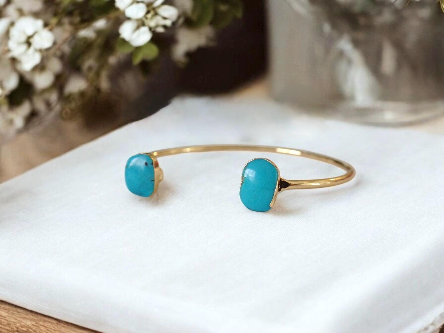Genuine Turquoise Open Cuff Bracelet – 14k Gold Plated Adjustable Boho Bracelet | December Birthstone Jewelry