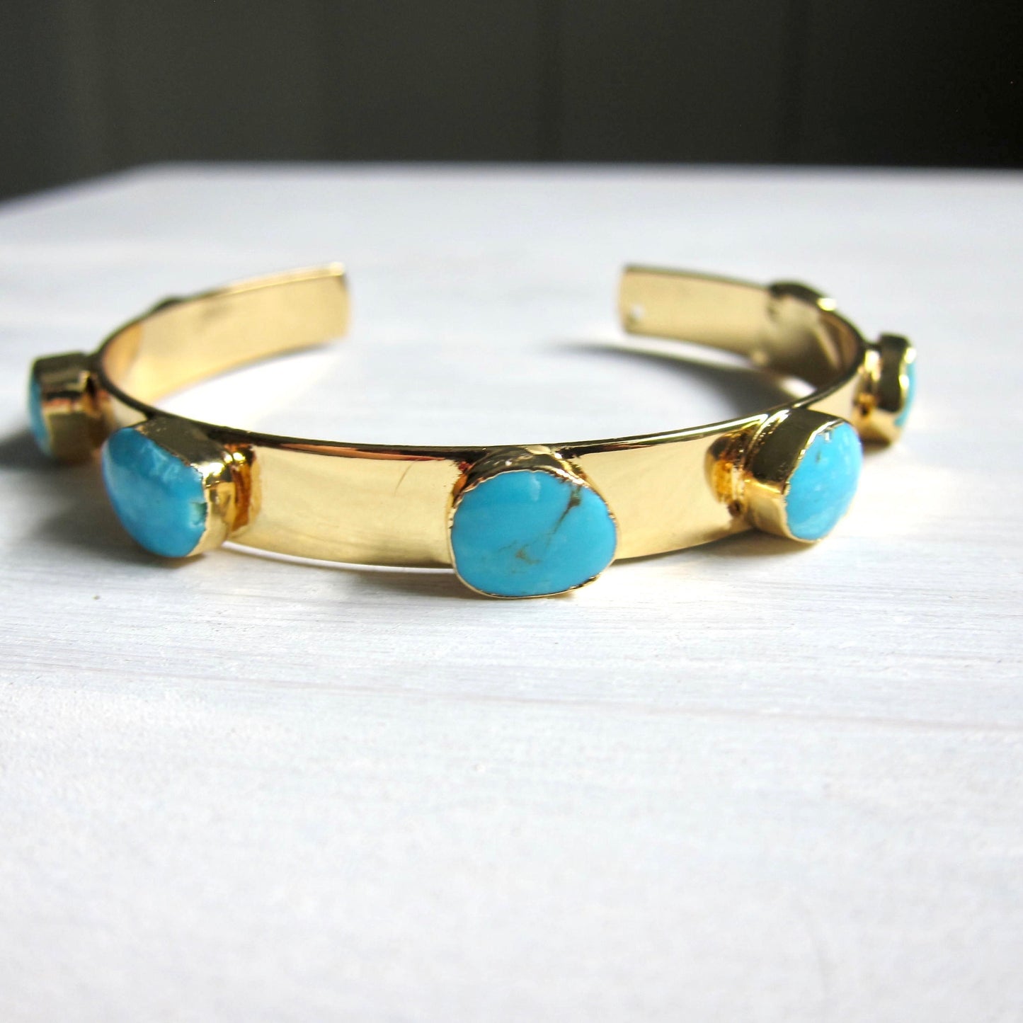 Turquoise and Gold Cuff Bracelet – 14k Gold Plated Open Cuff with Six Genuine Turquoise Stones