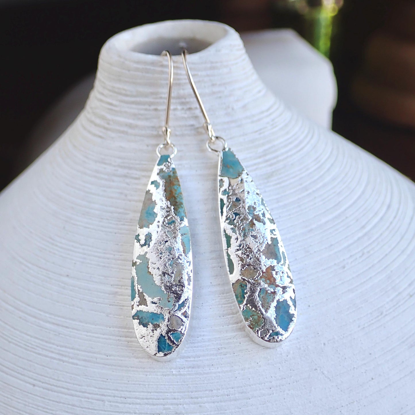 Long Teardrop Turquoise Dangle Earrings - Silver - Mojave Turquoise
