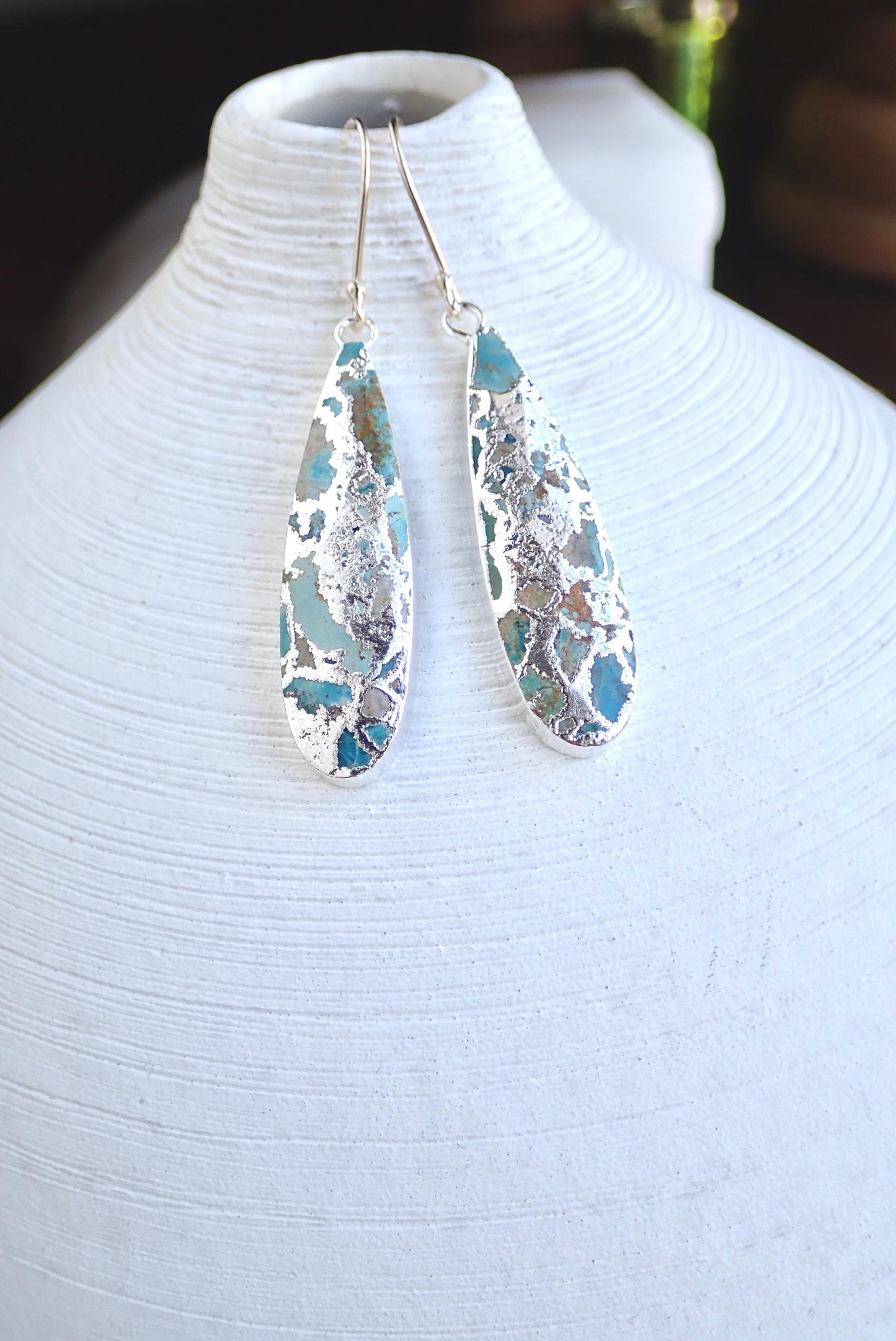 Long Teardrop Turquoise Dangle Earrings - Silver - Mojave Turquoise