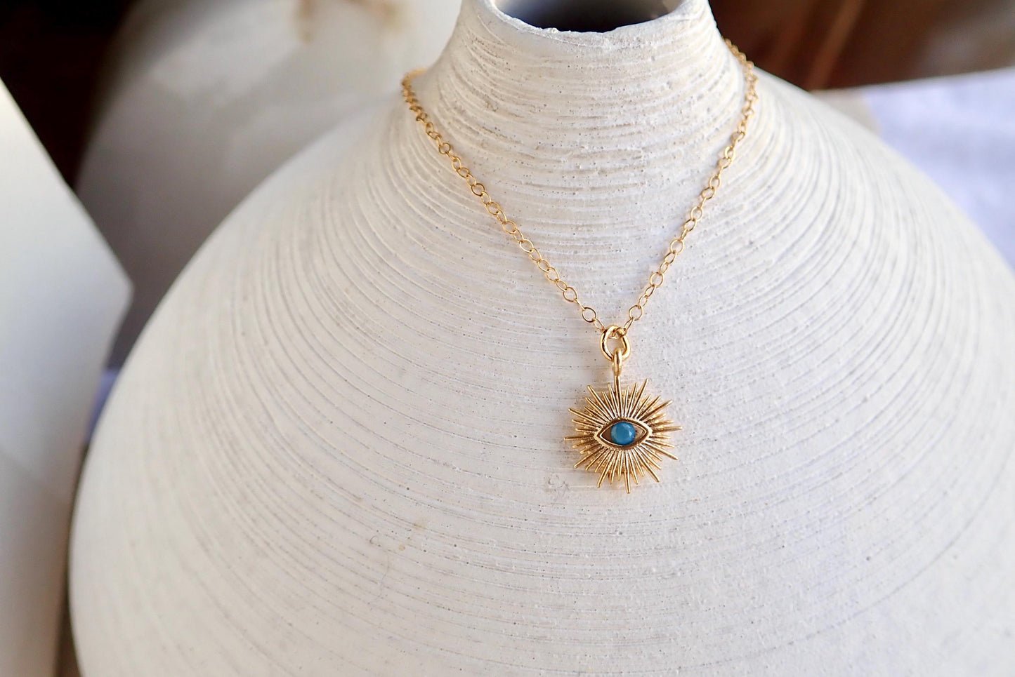 Gold Turquoise Evil Eye Necklace – Sunburst Pendant for Everyday Magic, Dainaty Medallion Necklace