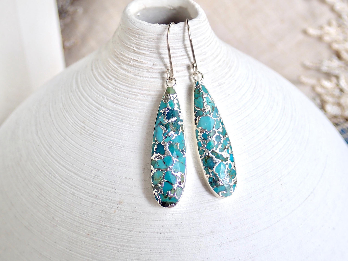Long Teardrop Turquoise Dangle Earrings - Silver - Mojave Turquoise
