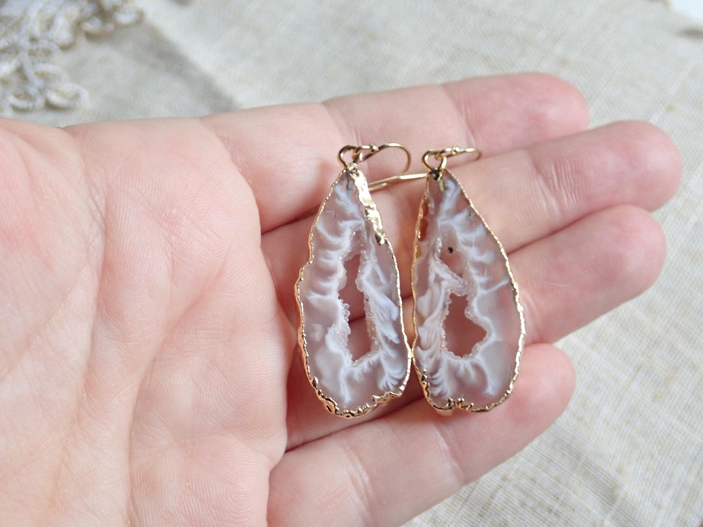 14k Gold Edged Druzy Agate Slice Earrings – 14k Gold - Natural Crystal Clusters in Earthy Neutrals