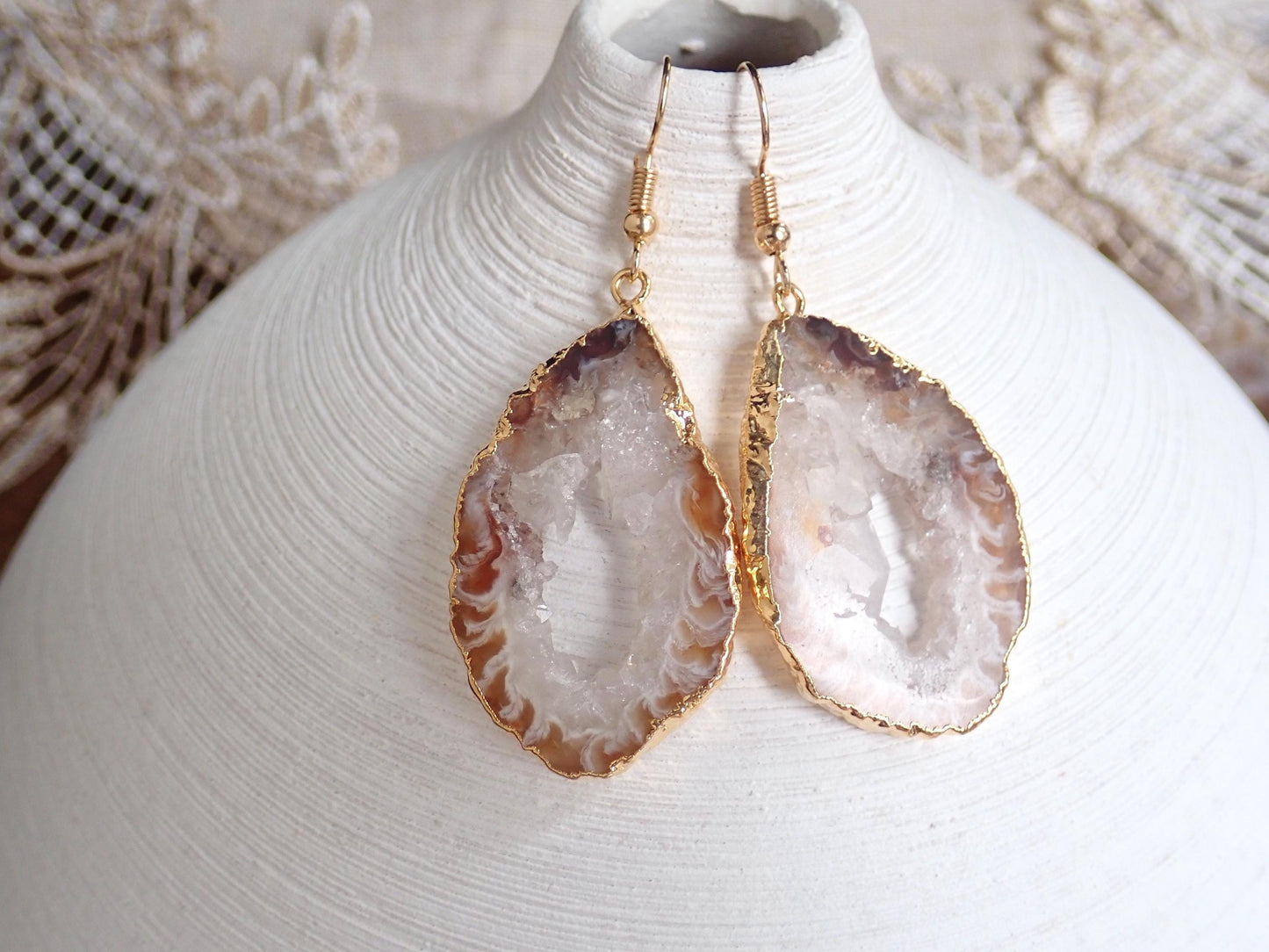 14k Gold Edged Druzy Agate Slice Earrings – 14k Gold - Natural Crystal Clusters in Earthy Neutrals