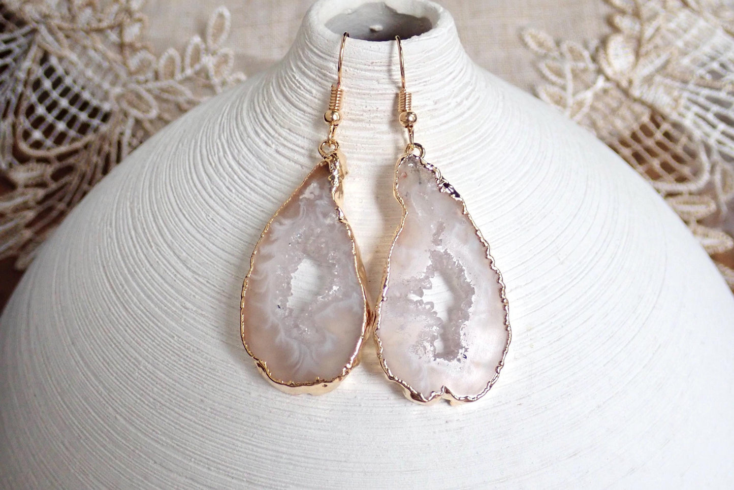 14k Gold Edged Druzy Agate Slice Earrings – 14k Gold - Natural Crystal Clusters in Earthy Neutrals