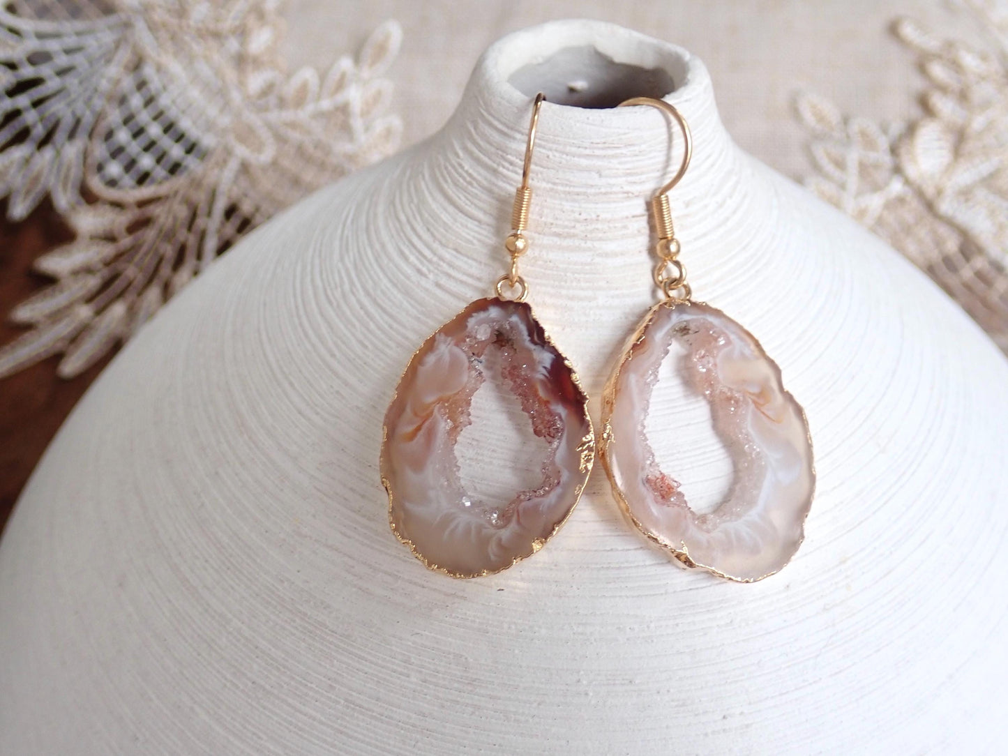 14k Gold Edged Druzy Agate Slice Earrings – 14k Gold - Natural Crystal Clusters in Earthy Neutrals
