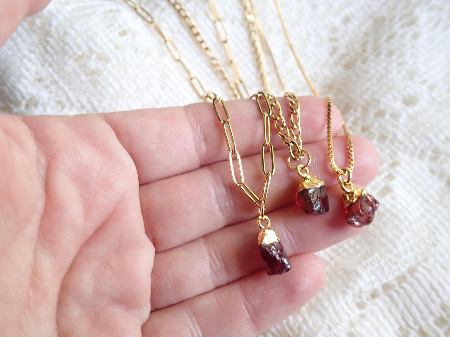 Dainty Raw Garnet Gemstone Necklace – 14k Gold Dipped | Minimalist Birthstone Jewelry