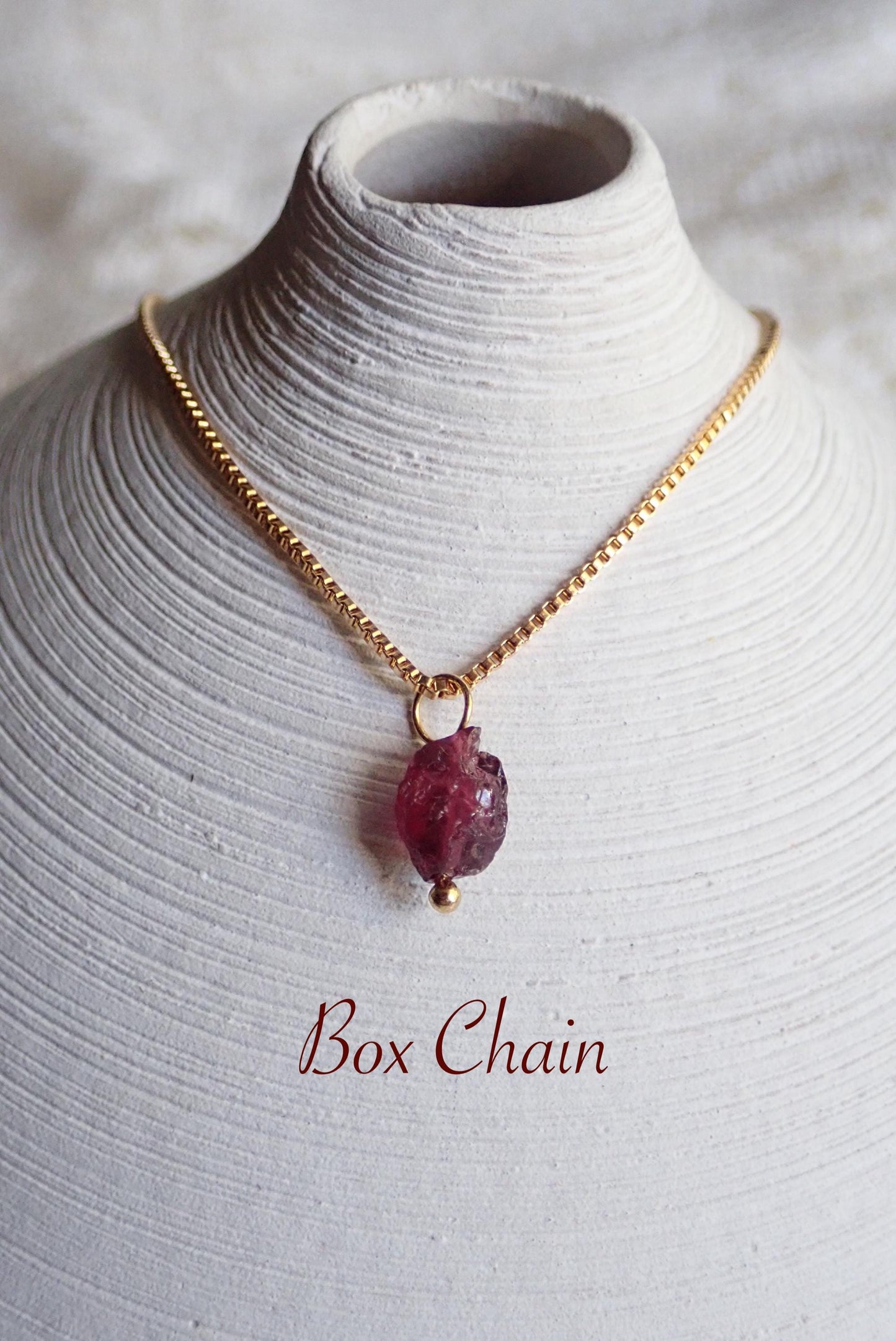 Dainty Raw Garnet Waterproof Necklace in 18k Gold | January Birthstone Jewelry Gift, Natural Gemstone Pendant with Paperclip or Figaro Chain