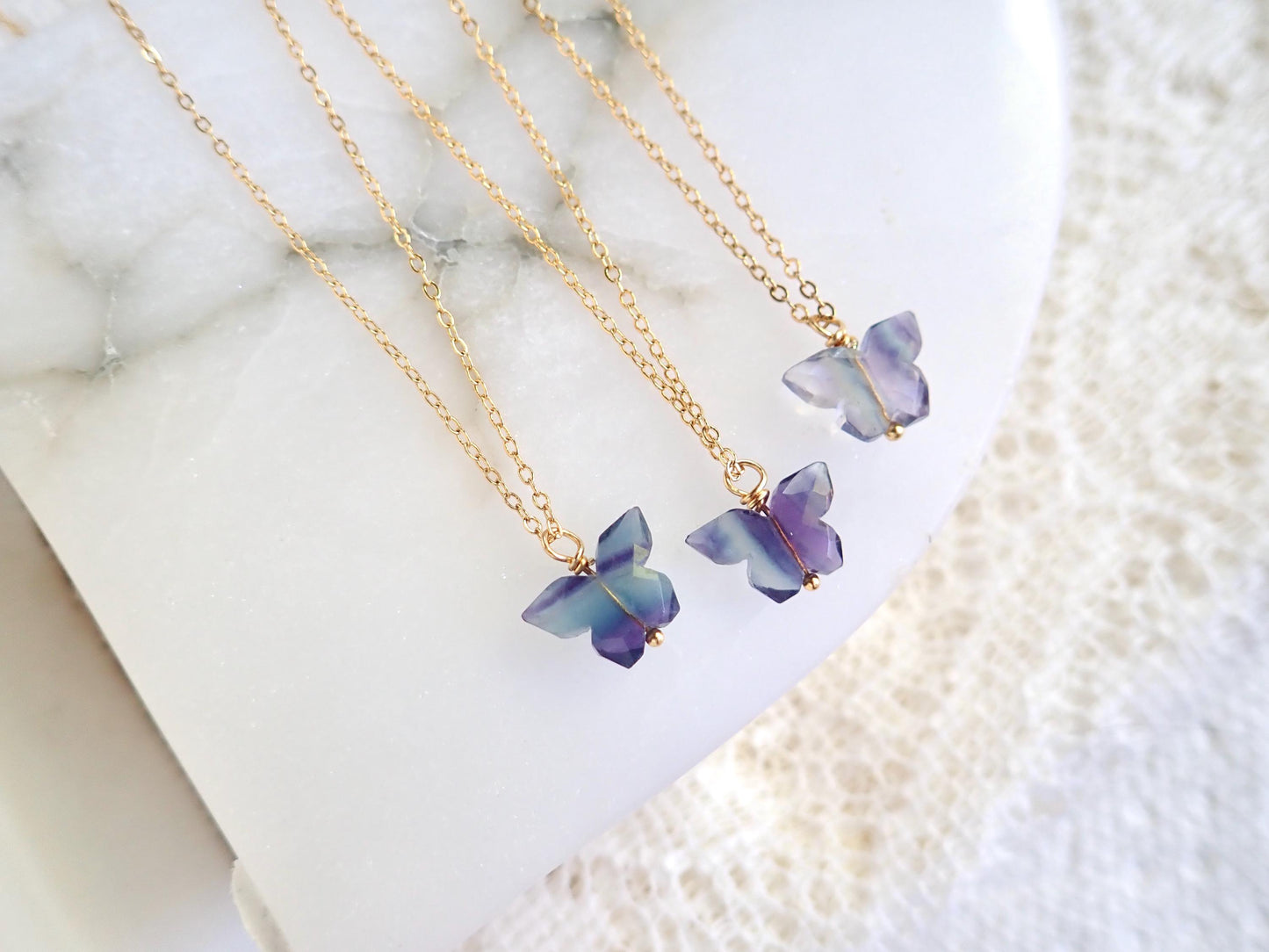 Rainbow Fluorite Butterfly Necklace – Gold Fill Chain with Delicate Gemstone Pendant, Natural Crystal Jewelry