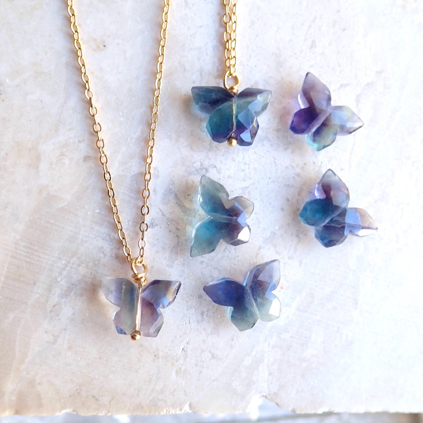 Rainbow Fluorite Butterfly Necklace – Gold Fill Chain with Delicate Gemstone Pendant, Natural Crystal Jewelry