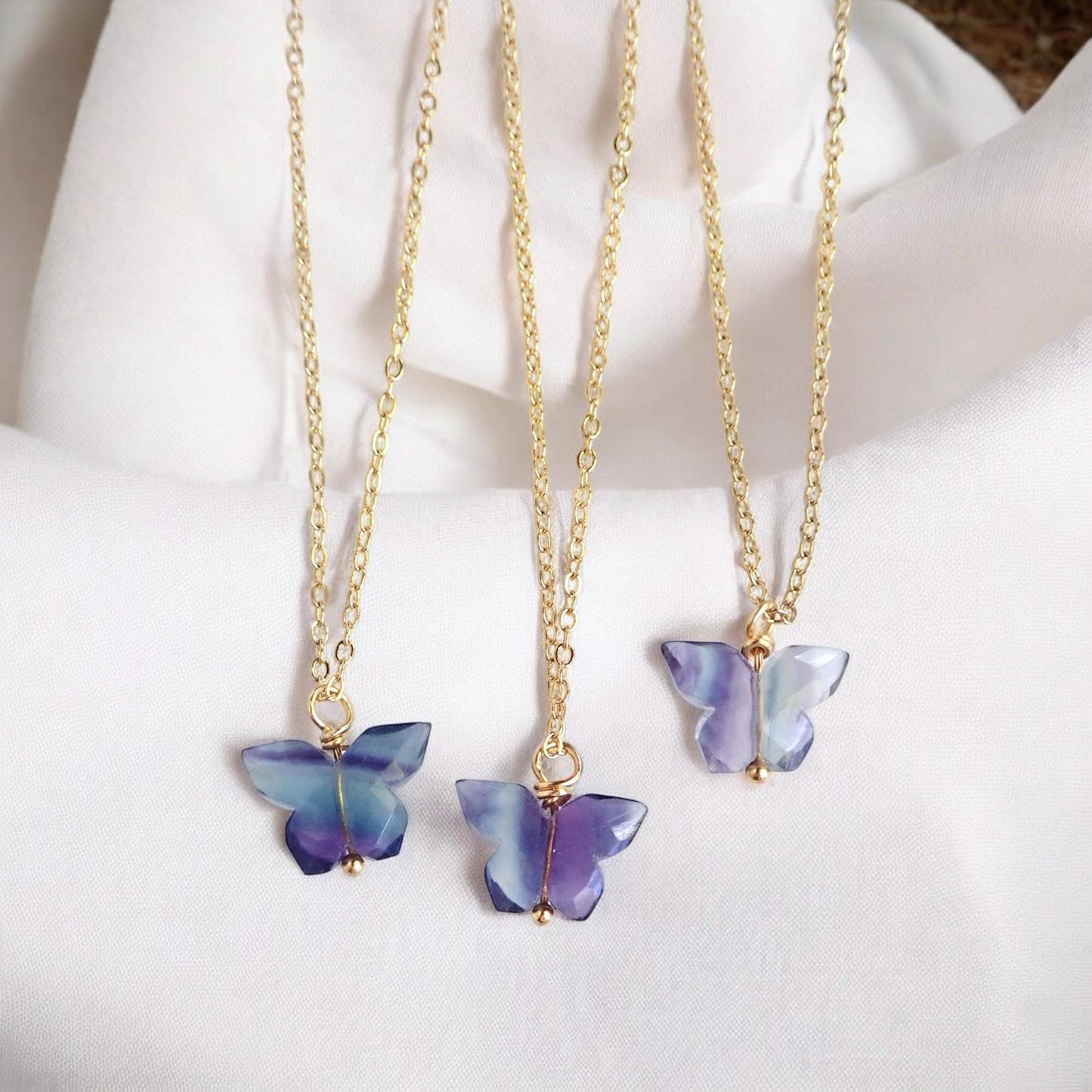 Rainbow Fluorite Butterfly Necklace – Gold Fill Chain with Delicate Gemstone Pendant, Natural Crystal Jewelry