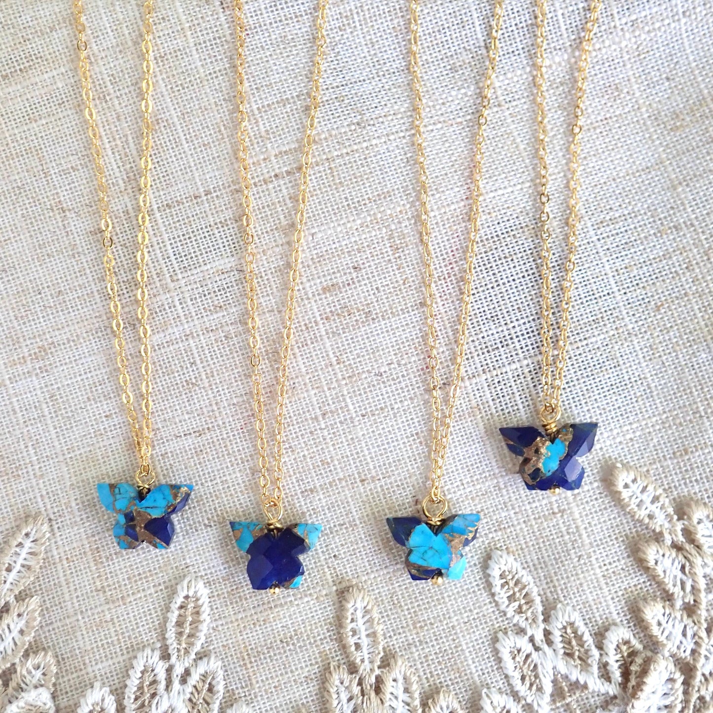 Dainty Butterfly Necklace – 18k Gold Fill with Carved Mojave Turquoise & Lapis Lazuli Pendant, Nature-Inspired Jewelry