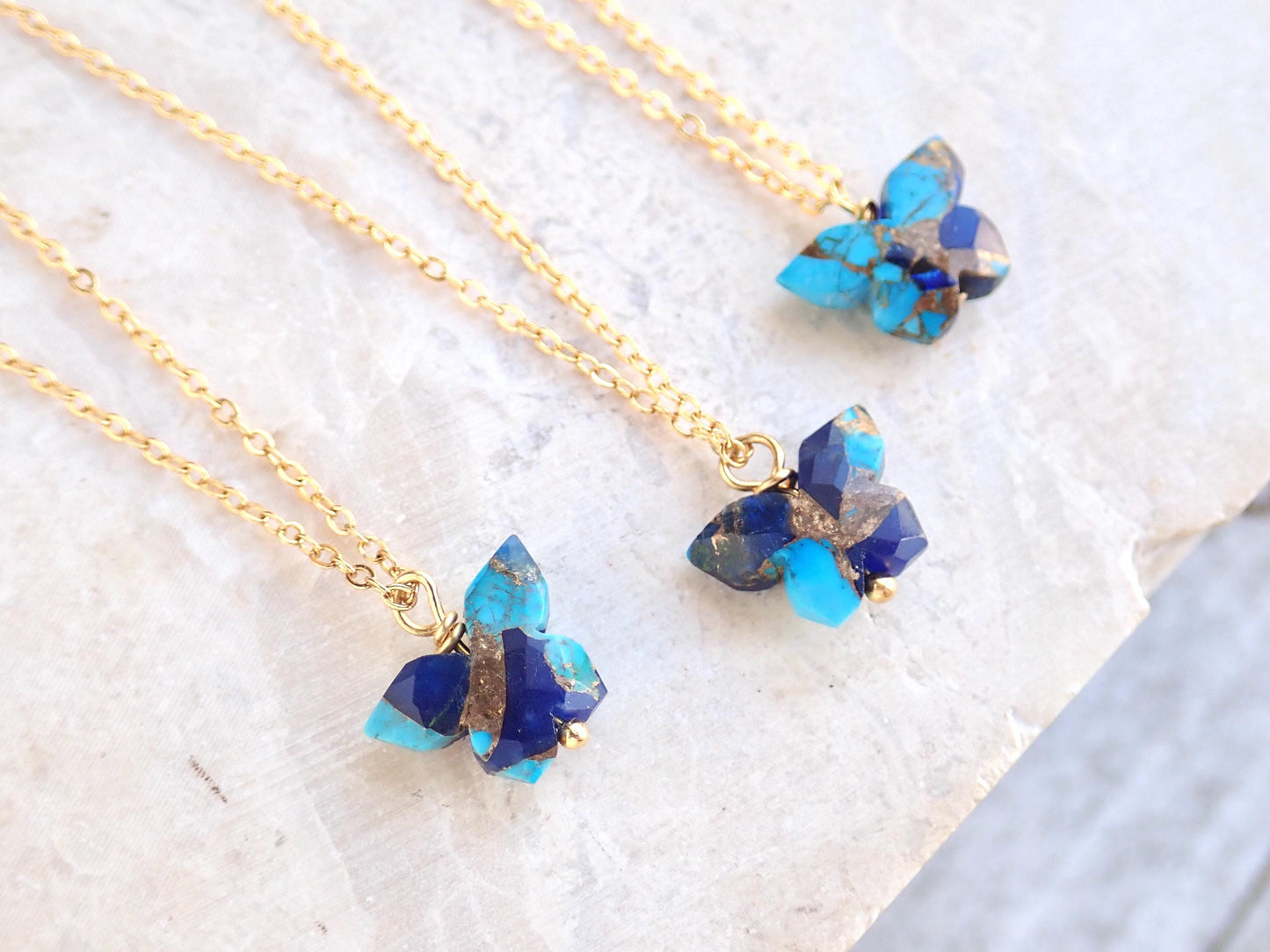 Dainty Butterfly Necklace – 18k Gold Fill with Carved Mojave Turquoise & Lapis Lazuli Pendant, Nature-Inspired Jewelry