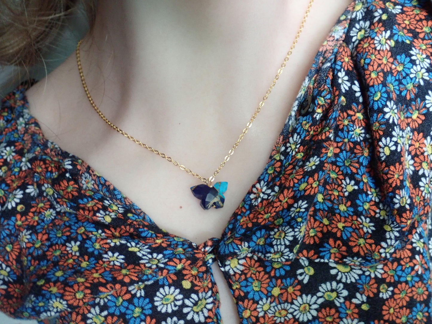 Dainty Butterfly Necklace – 18k Gold Fill with Carved Mojave Turquoise & Lapis Lazuli Pendant, Nature-Inspired Jewelry
