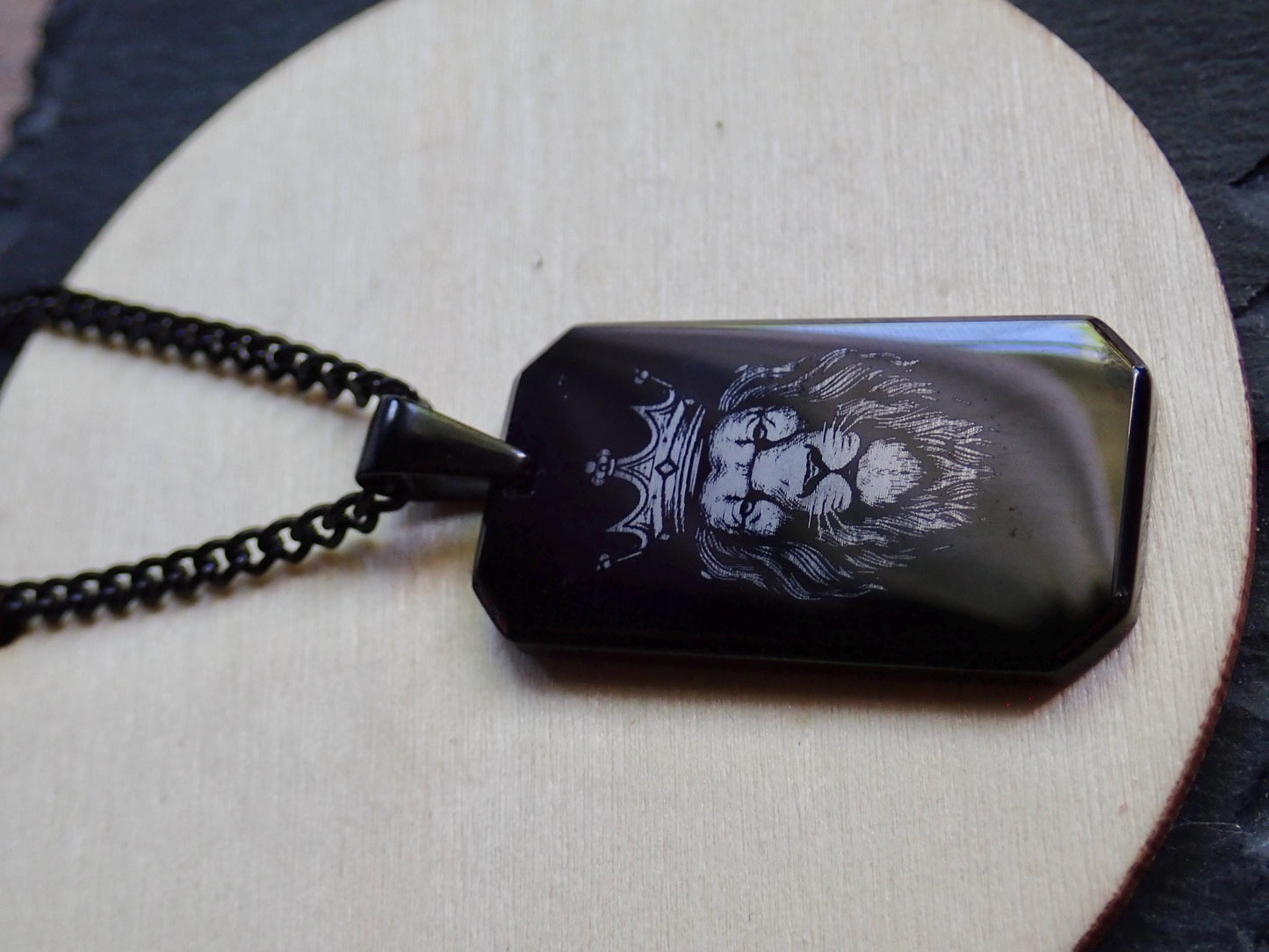 Black Stainless Steel Dog Tag Necklace – Crowned Lion Head Engraving - Lion King Necklace