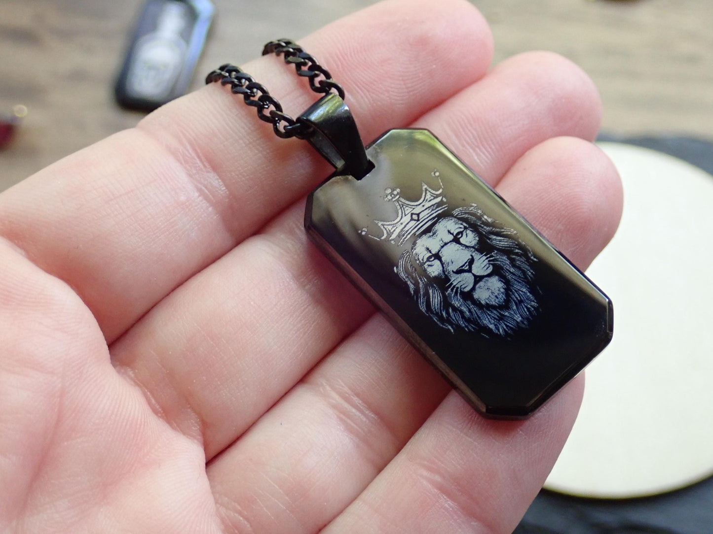 Black Stainless Steel Dog Tag Necklace – Crowned Lion Head Engraving - Lion King Necklace