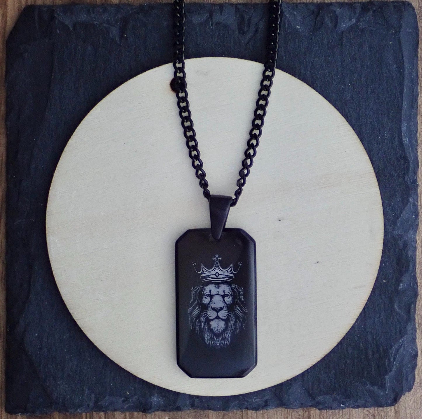 Black Stainless Steel Dog Tag Necklace – Crowned Lion Head Engraving - Lion King Necklace