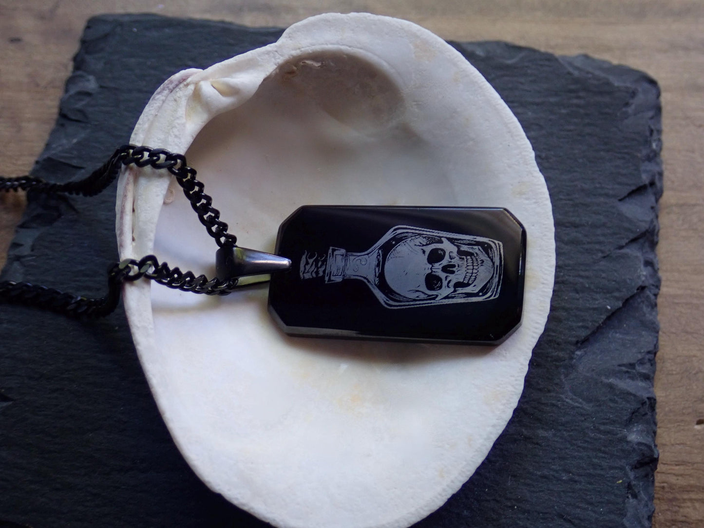 Mens Black Dog TagNecklace - Rum Bottle With Skull Pendant - Pirate Jewelry for Him