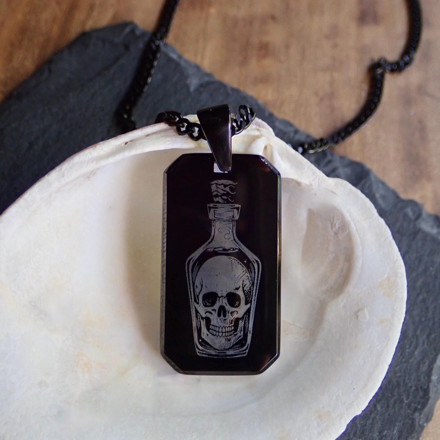 Mens Black Dog TagNecklace - Rum Bottle With Skull Pendant - Pirate Jewelry for Him