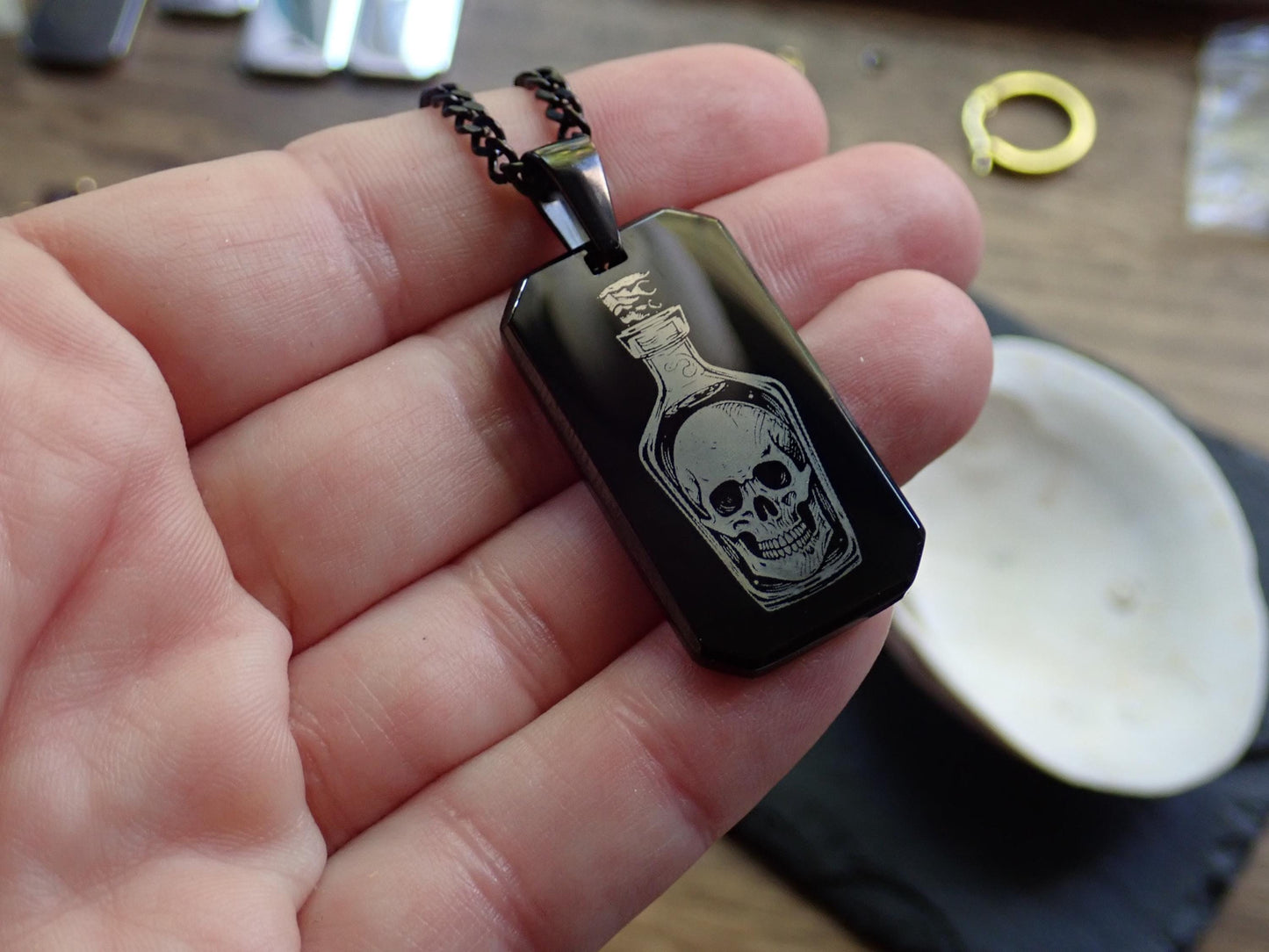 Mens Black Dog TagNecklace - Rum Bottle With Skull Pendant - Pirate Jewelry for Him