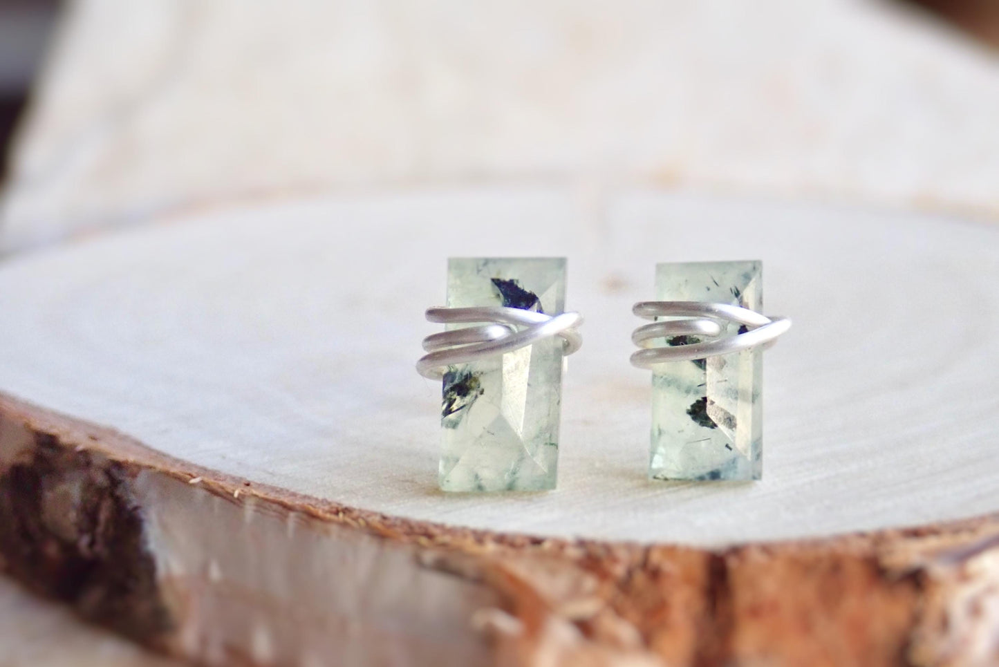 Prehnite Stud Earrings, Wire Wrapped Baguette Gemstone Studs, Rectangle Natural Raw Crystal Earrings,Dainty Silver Gold Jewelry Gift for Her
