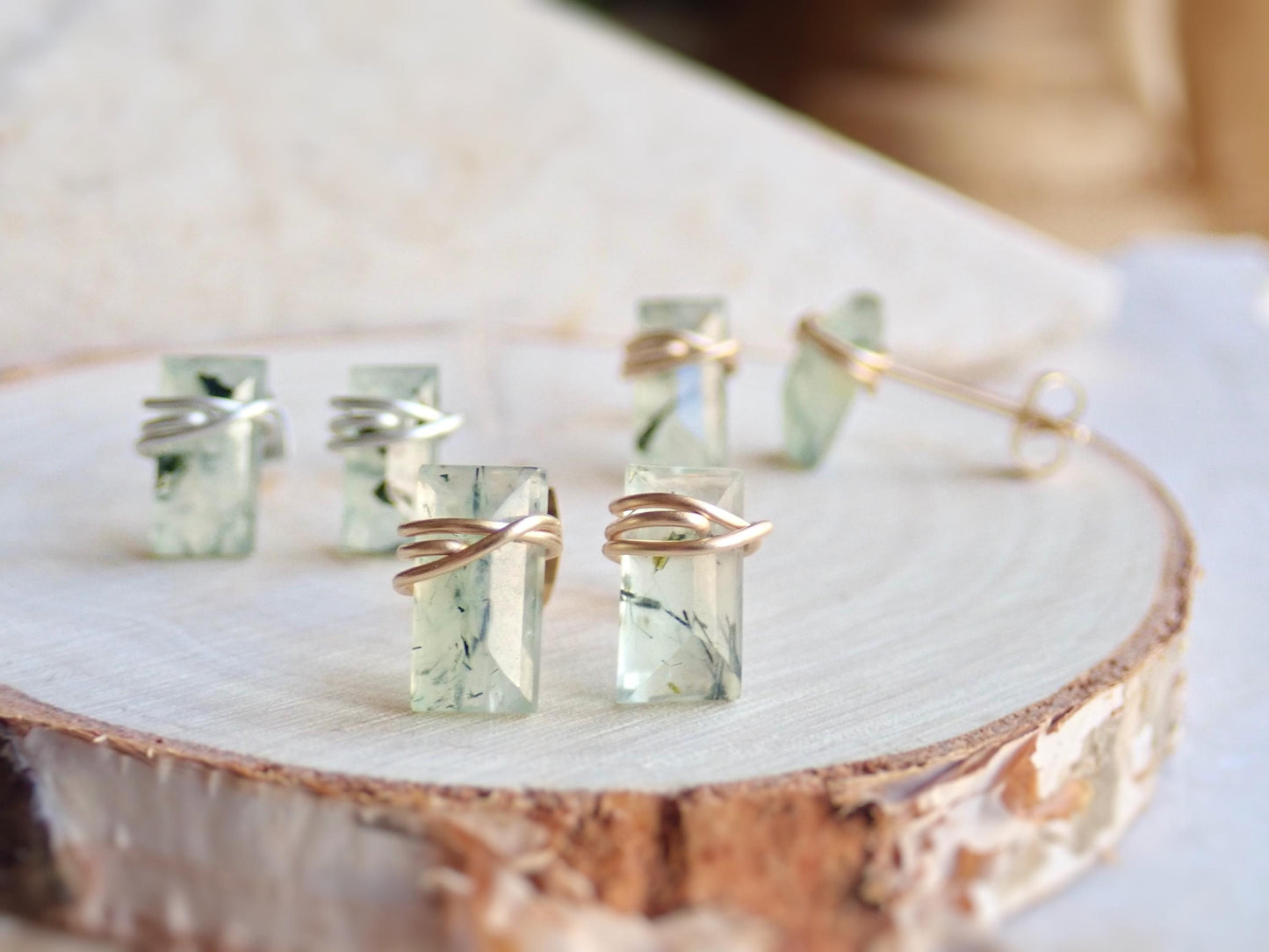 Prehnite Stud Earrings, Wire Wrapped Baguette Gemstone Studs, Rectangle Natural Raw Crystal Earrings,Dainty Silver Gold Jewelry Gift for Her
