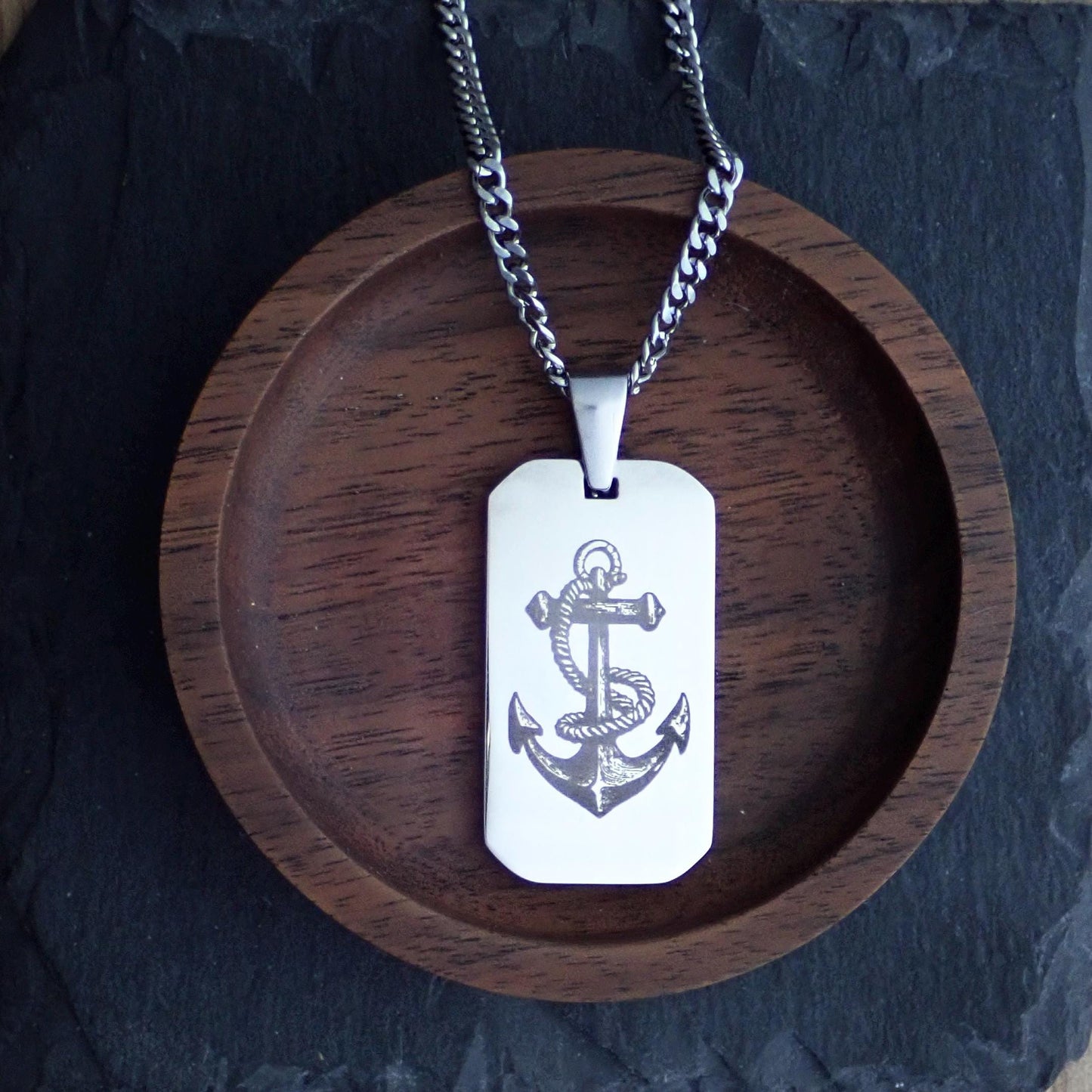 Men’s Silver Stainless Steel Dog Tag Necklace – Anchor Engraved Pendant - Nautical Gift for Men