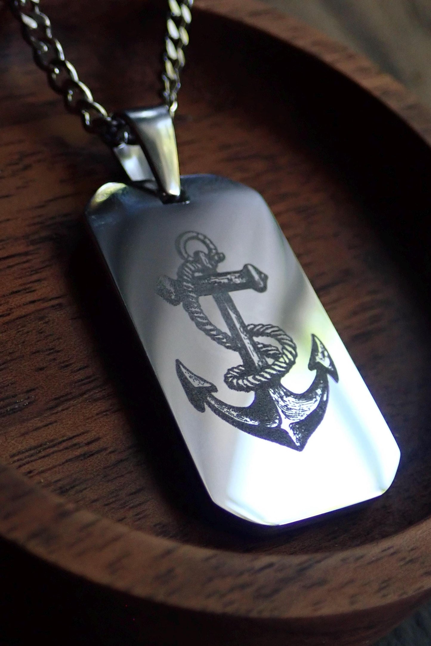 Men’s Silver Stainless Steel Dog Tag Necklace – Anchor Engraved Pendant - Nautical Gift for Men