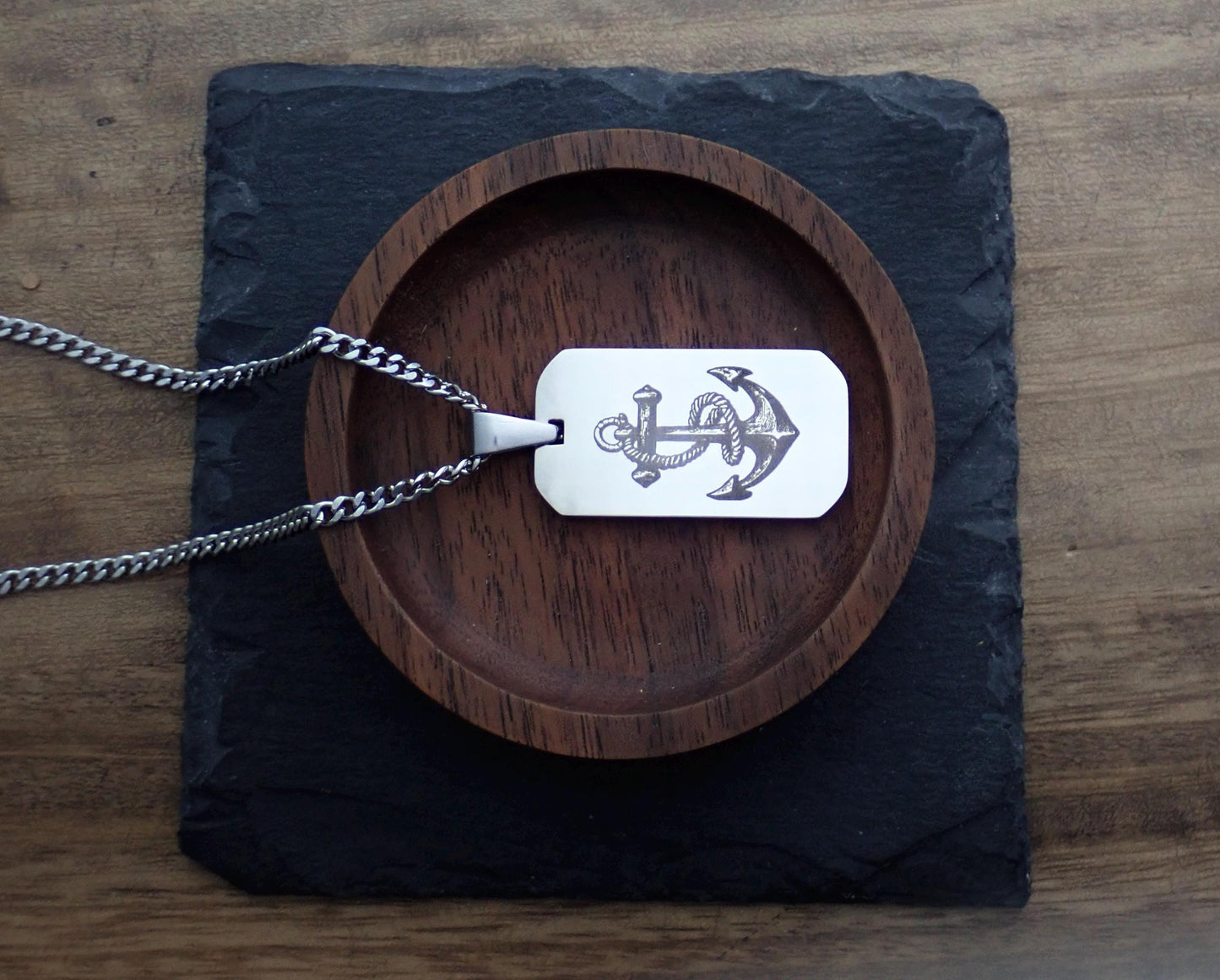 Men’s Silver Stainless Steel Dog Tag Necklace – Anchor Engraved Pendant - Nautical Gift for Men