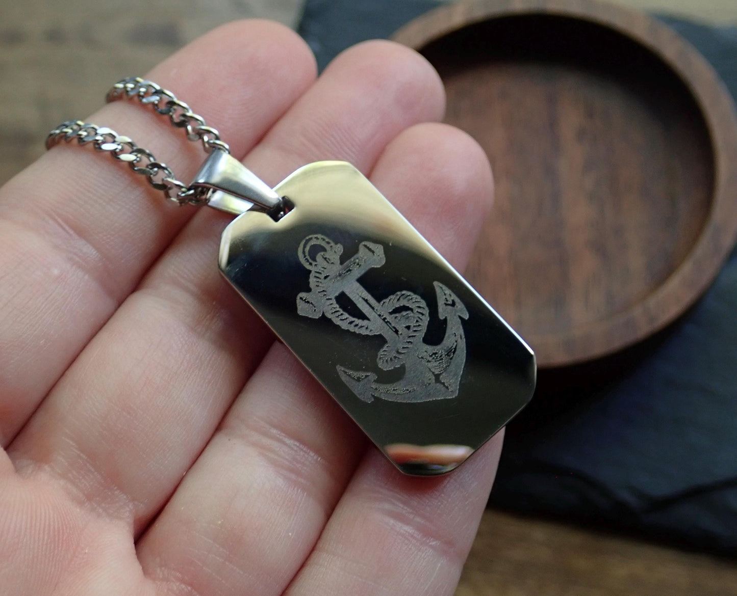 Men’s Silver Stainless Steel Dog Tag Necklace – Anchor Engraved Pendant - Nautical Gift for Men