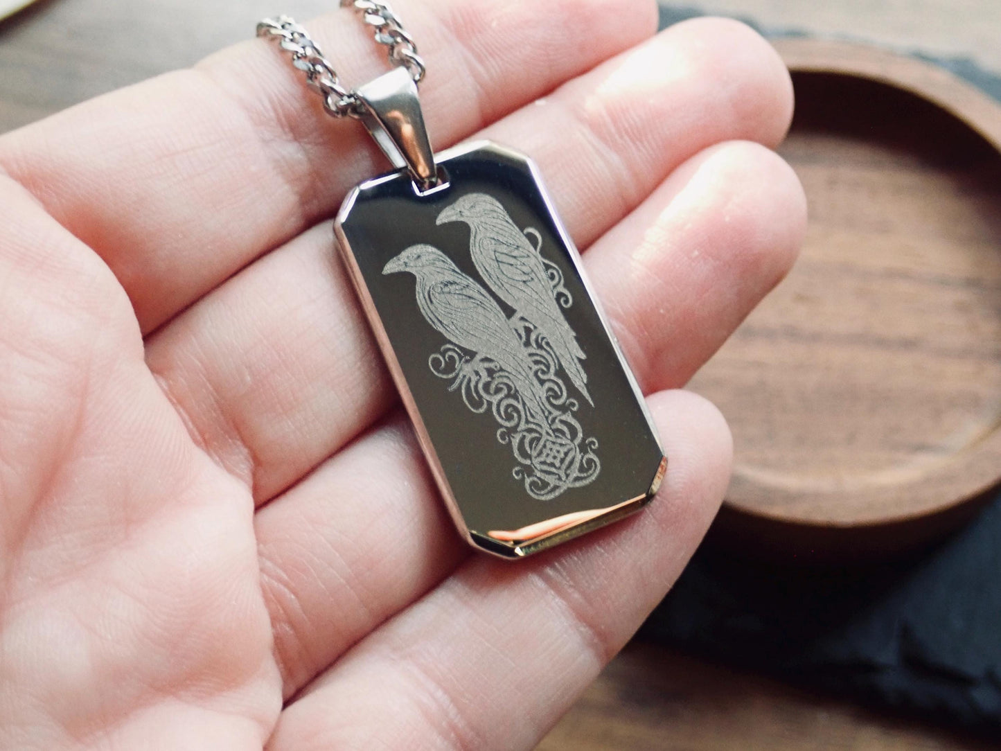 Men’s Stainless Steel Dog Tag Necklace – Odin’s Ravens Engraved Norse Pendant with Cuban Chain – Viking Pagan Nordic Jewelry