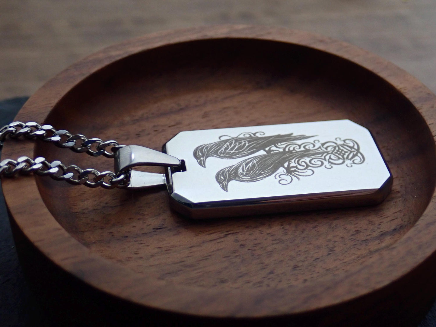 Men’s Stainless Steel Dog Tag Necklace – Odin’s Ravens Engraved Norse Pendant with Cuban Chain – Viking Pagan Nordic Jewelry