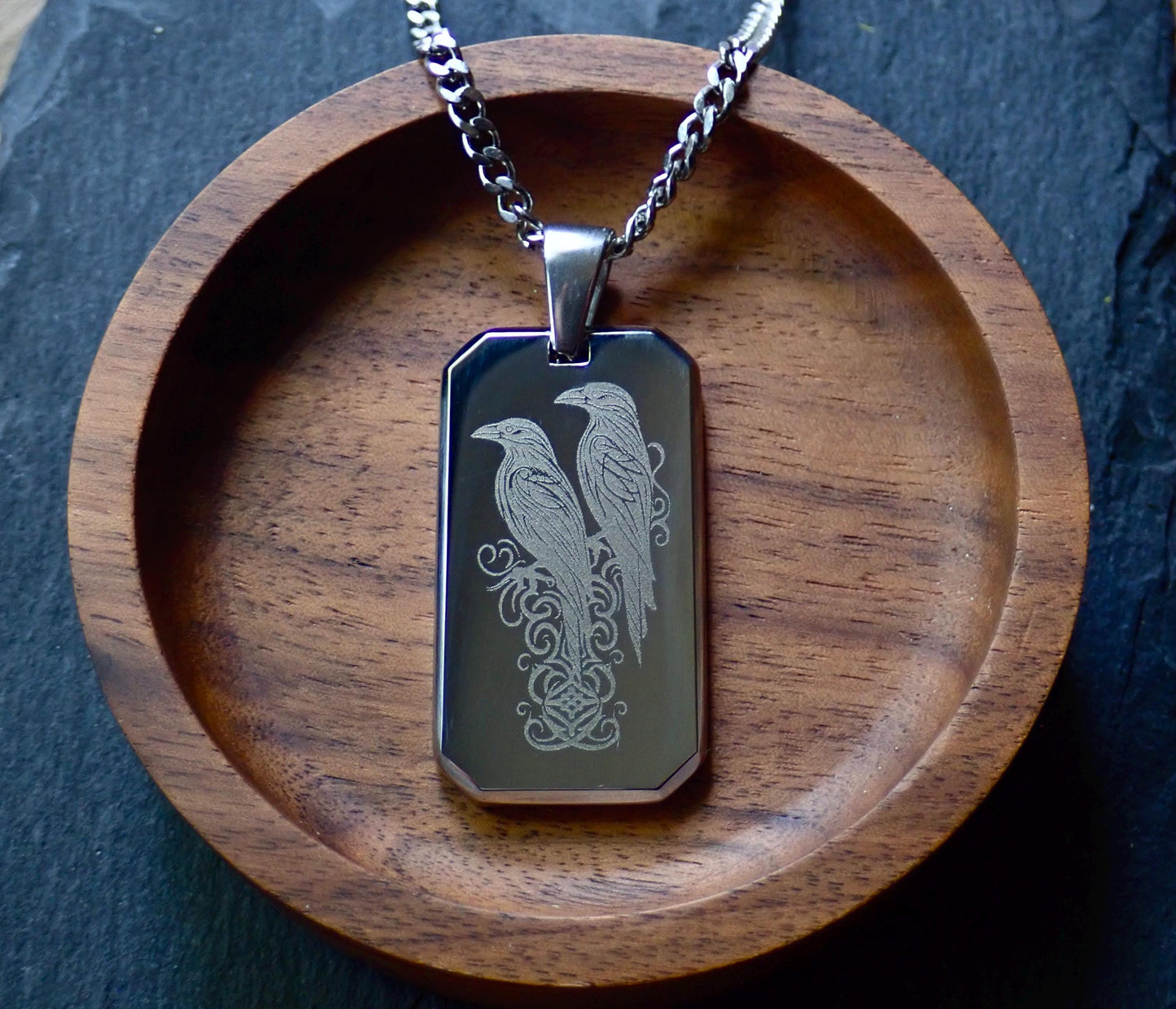 Men’s Stainless Steel Dog Tag Necklace – Odin’s Ravens Engraved Norse Pendant with Cuban Chain – Viking Pagan Nordic Jewelry