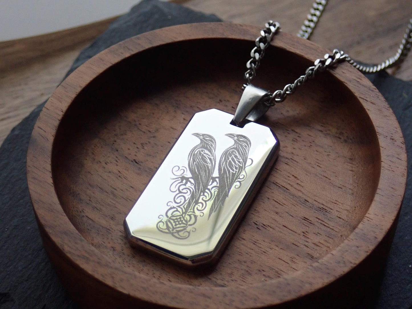 Men’s Stainless Steel Dog Tag Necklace – Odin’s Ravens Engraved Norse Pendant with Cuban Chain – Viking Pagan Nordic Jewelry