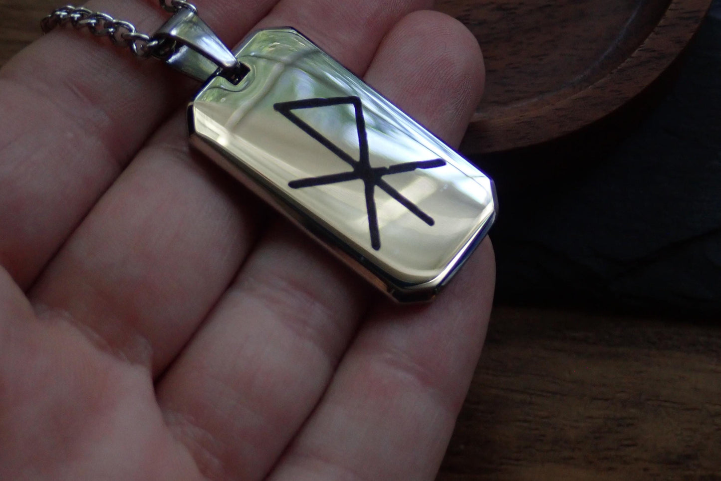 Men’s Stainless Steel Dog Tag Necklace – Gebo Wunjo Love Rune Engraved Pendant with Cuban Chain – Viking Gift of Love Jewelry